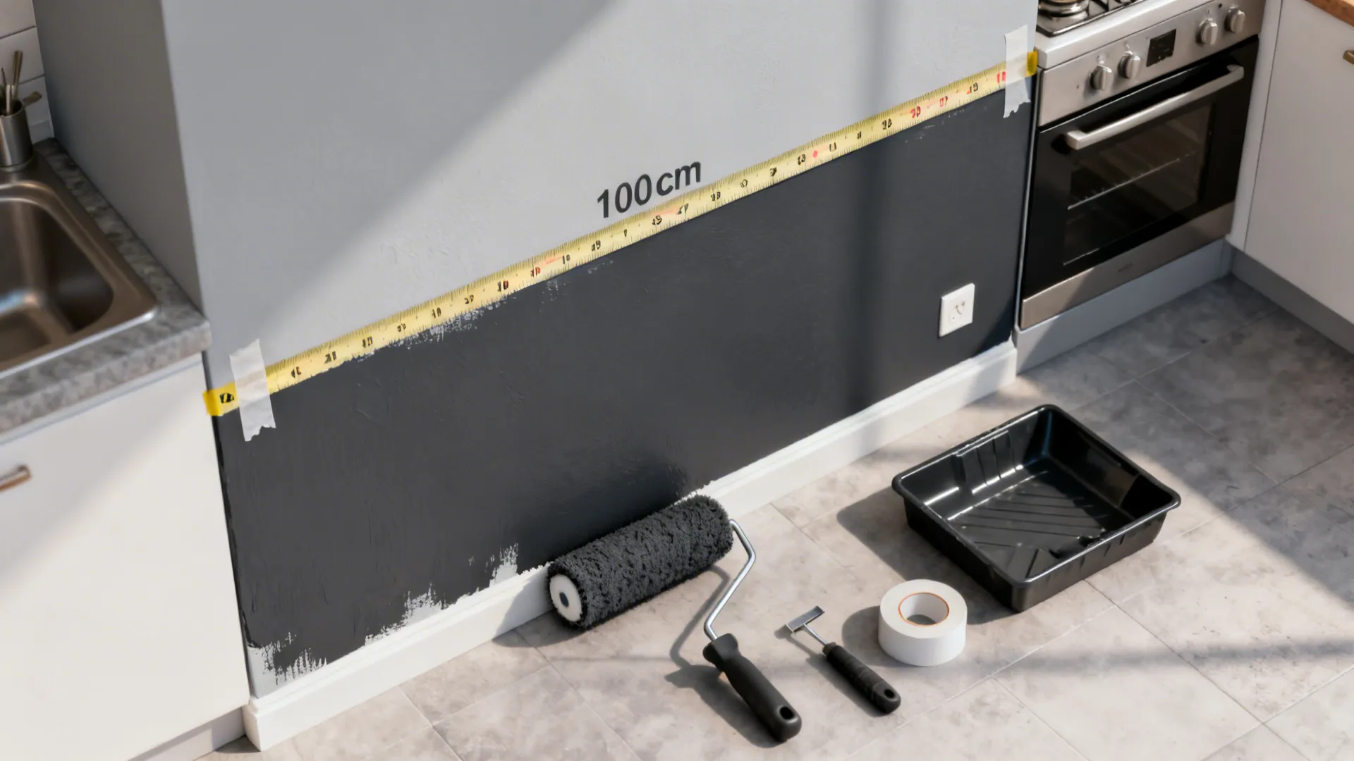 Kitchen wall being painted with black paint below a yellow measuring tape and painting tools