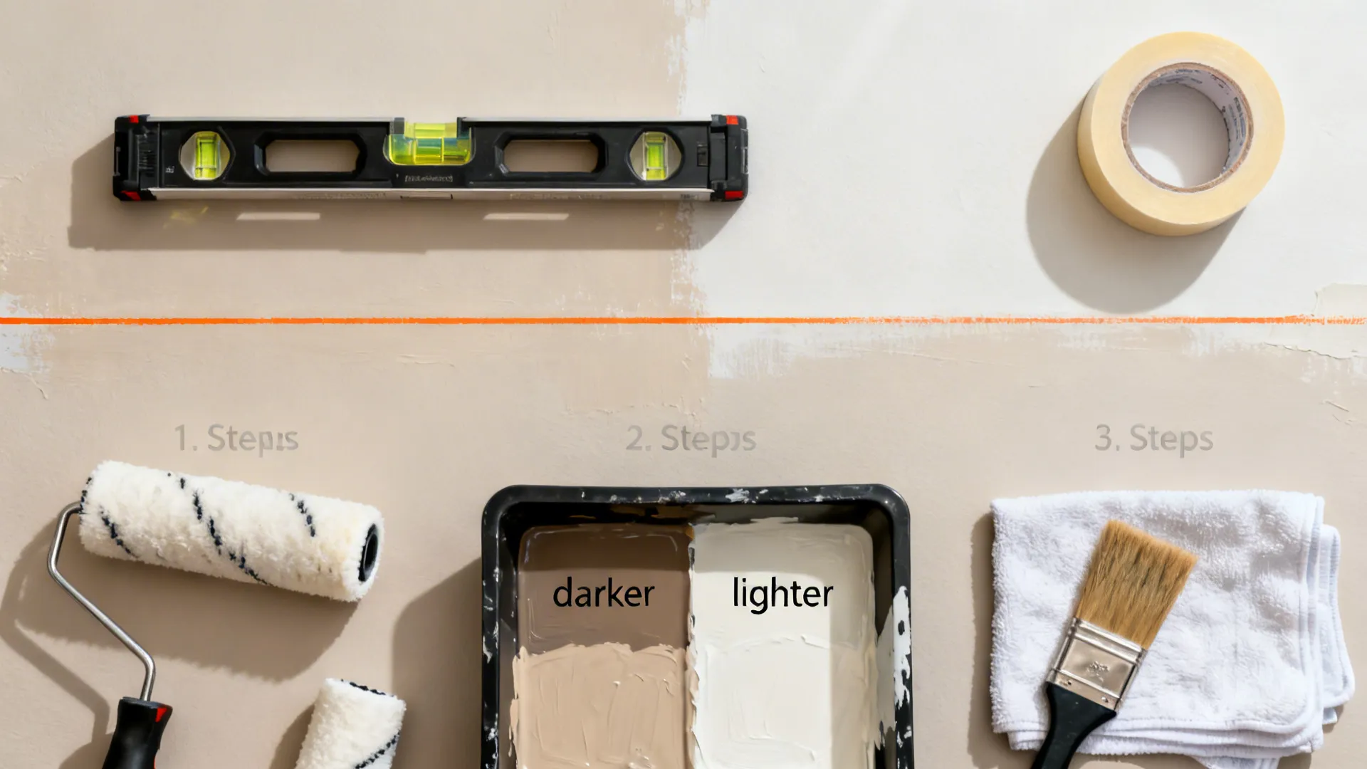 Flat lay of laser level, painter’s tape, rollers, and two neutral paints for two-tone walls.