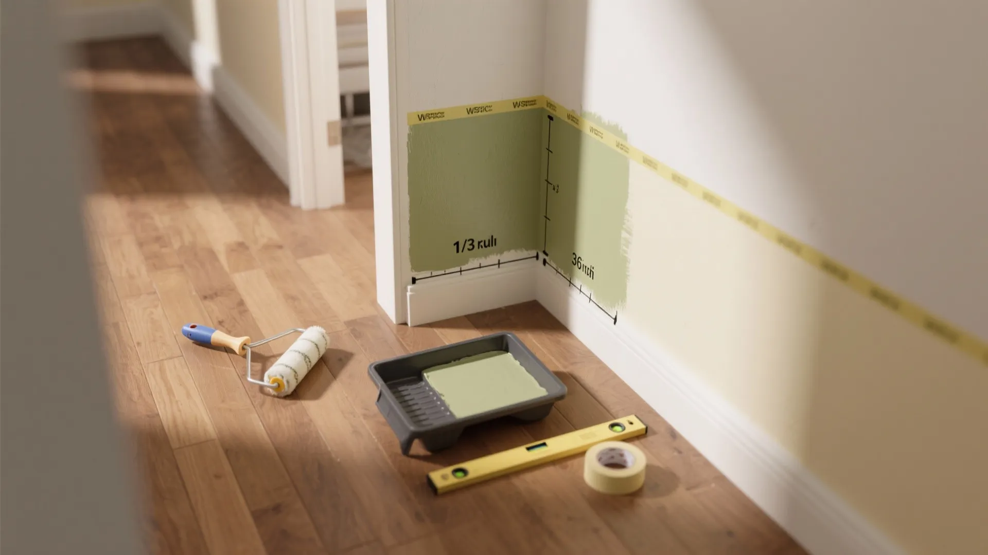 Green paint on white wall corner with roller tray level and tape on wooden floor