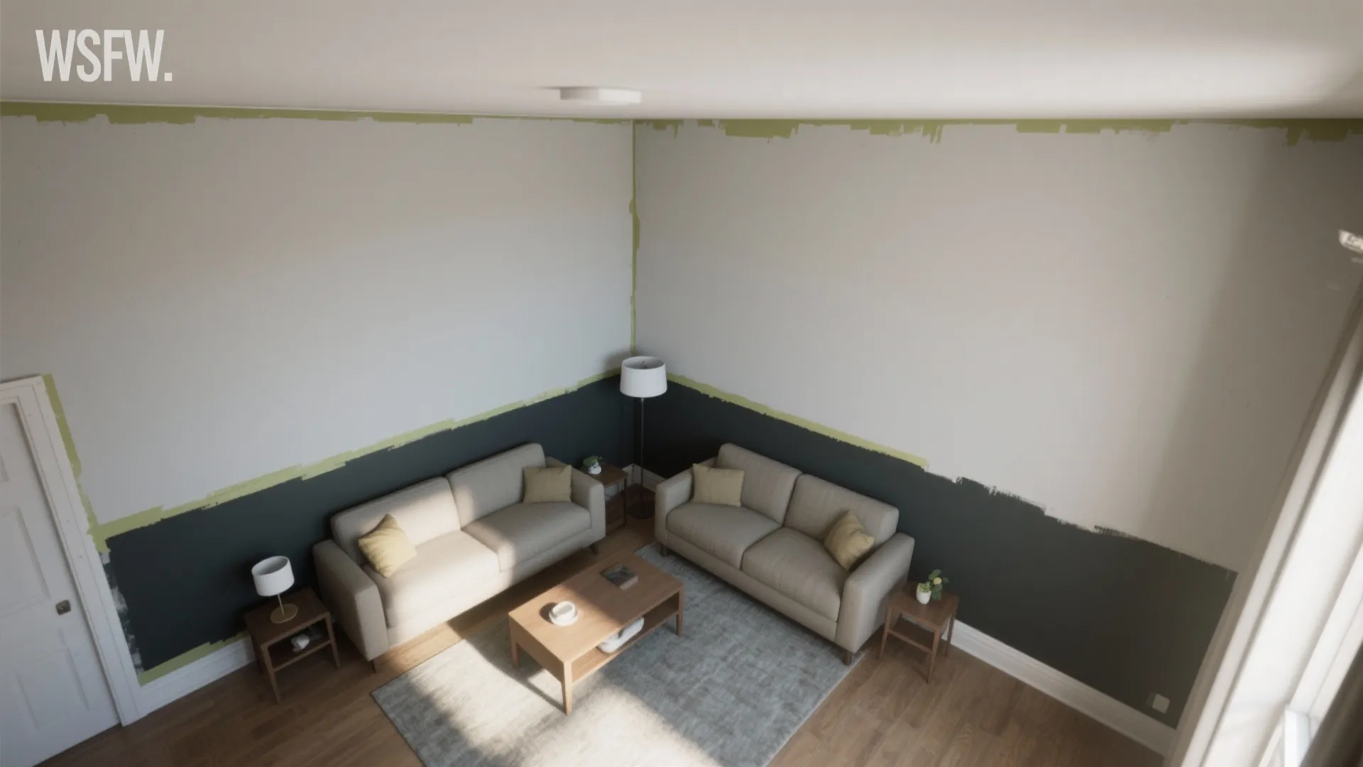 High angle interior design drawing of living room with green and white two tone walls