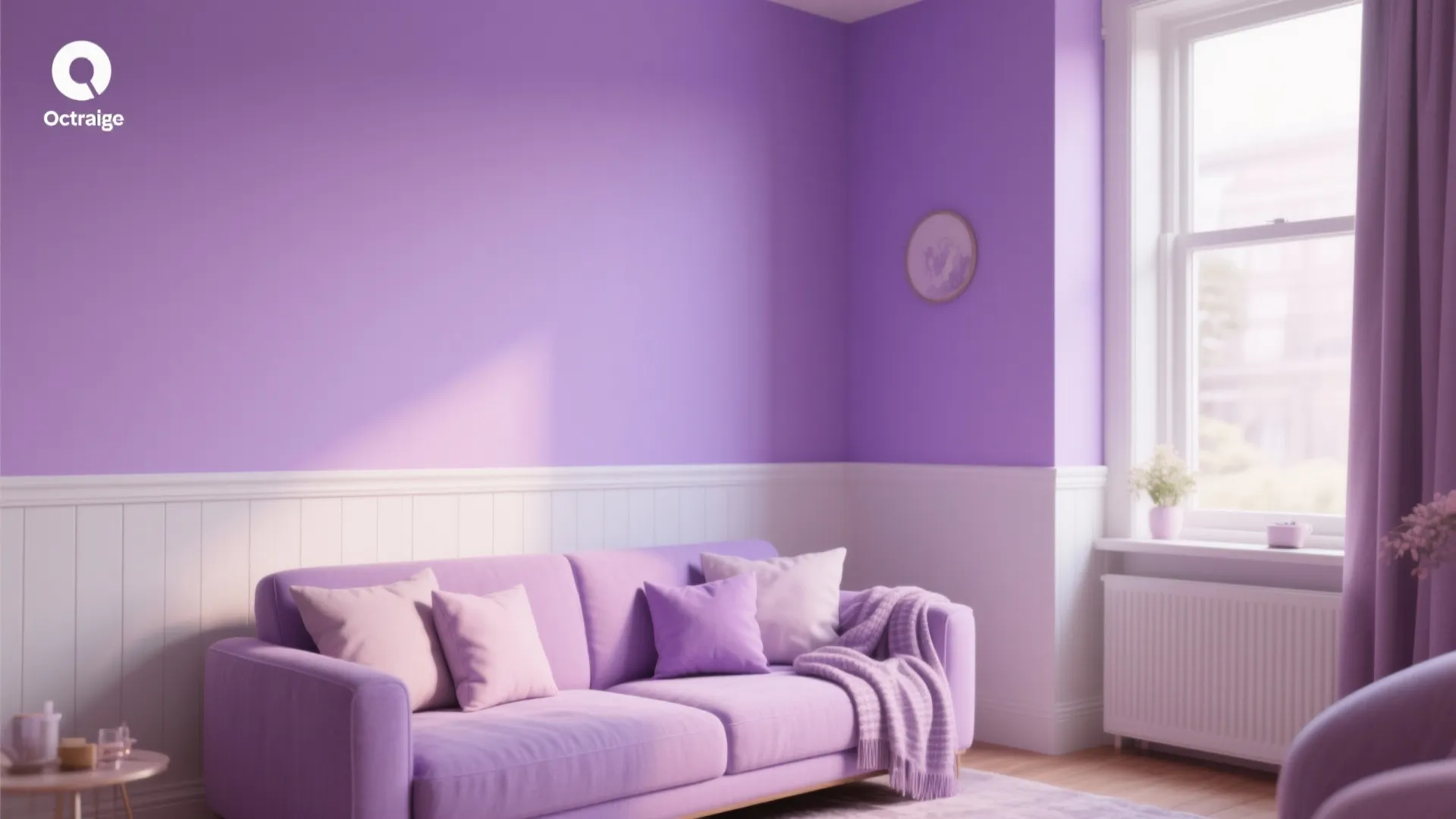 Modern living room with purple sofa and walls above white wall panel near bright windows