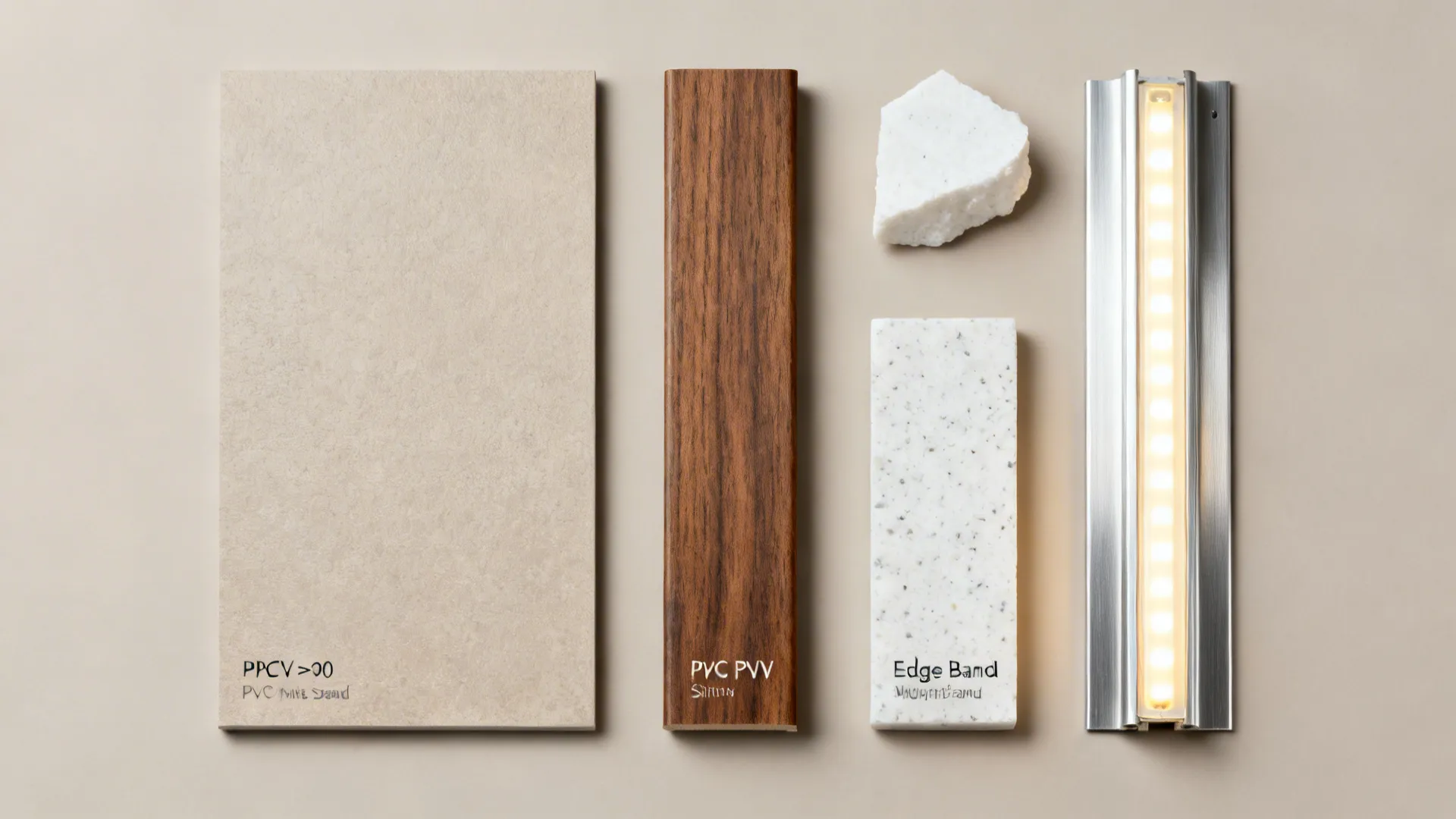 Flat lay of sand matte PVC, walnut-look PVC, quartz, LED, and rail components.