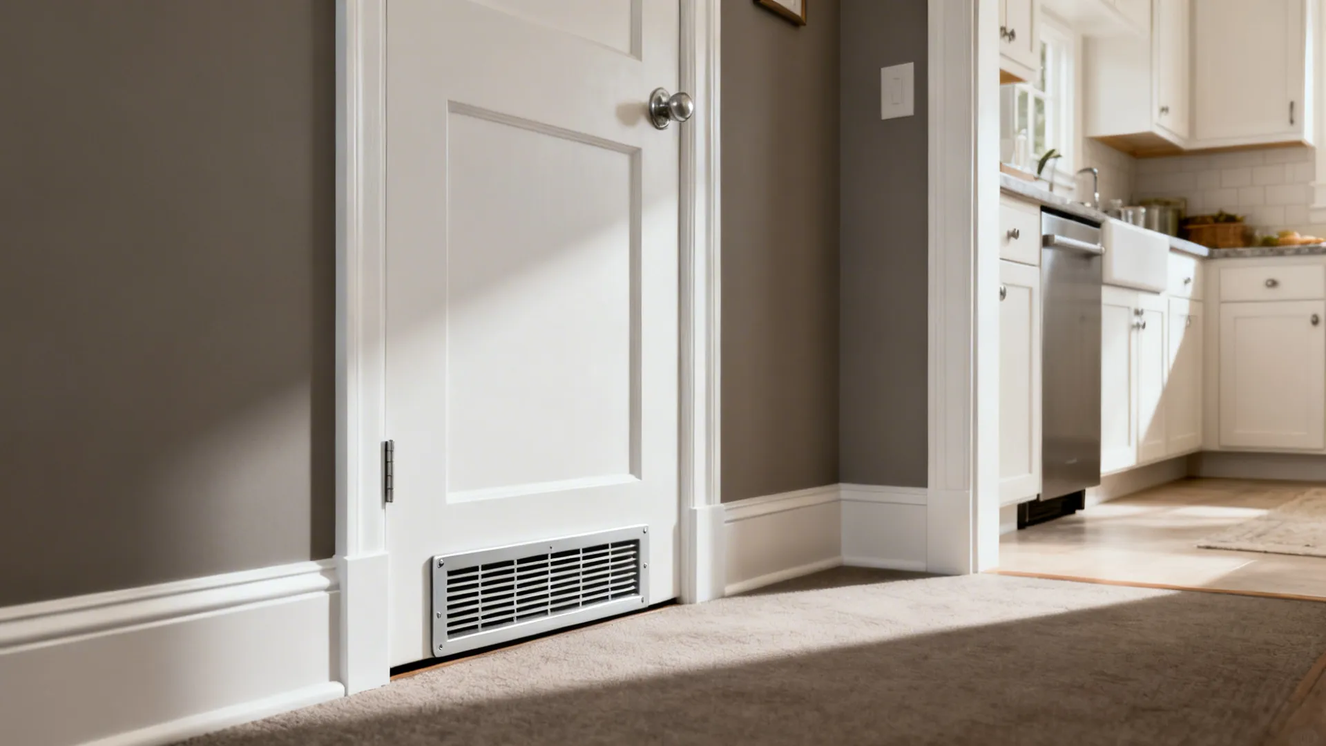 Two-tone PVC kitchen door with a lower integrated vent grille for airflow.
