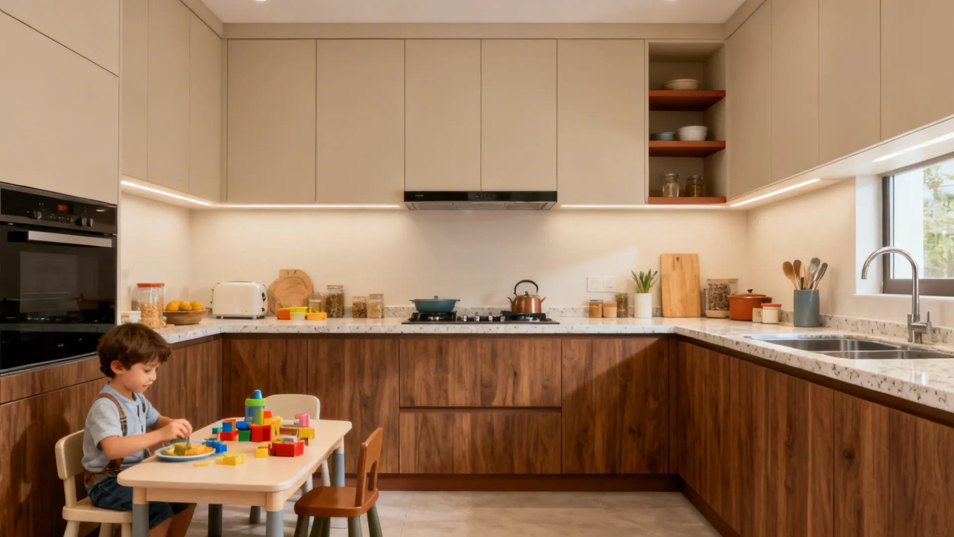 Two-tone kitchen with light sand matte PVC uppers and walnut-look PVC lowers.