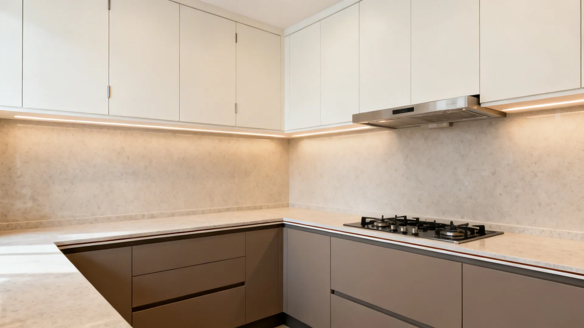 Two-tone kitchen with warm white uppers, taupe lowers, and matte quartz counters.