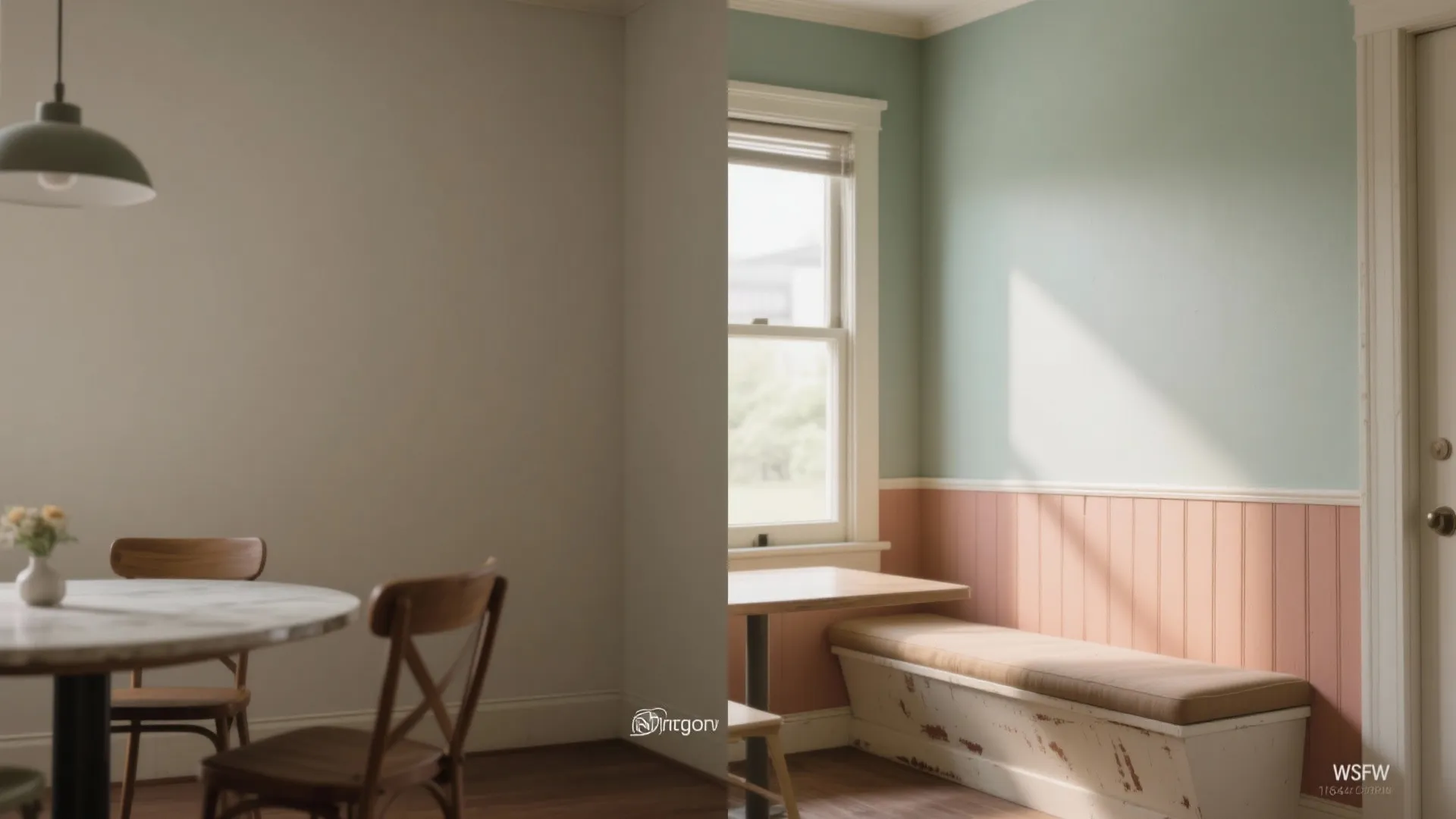 Dining room interior design drawing showing green walls with pink wall panel and wooden furniture