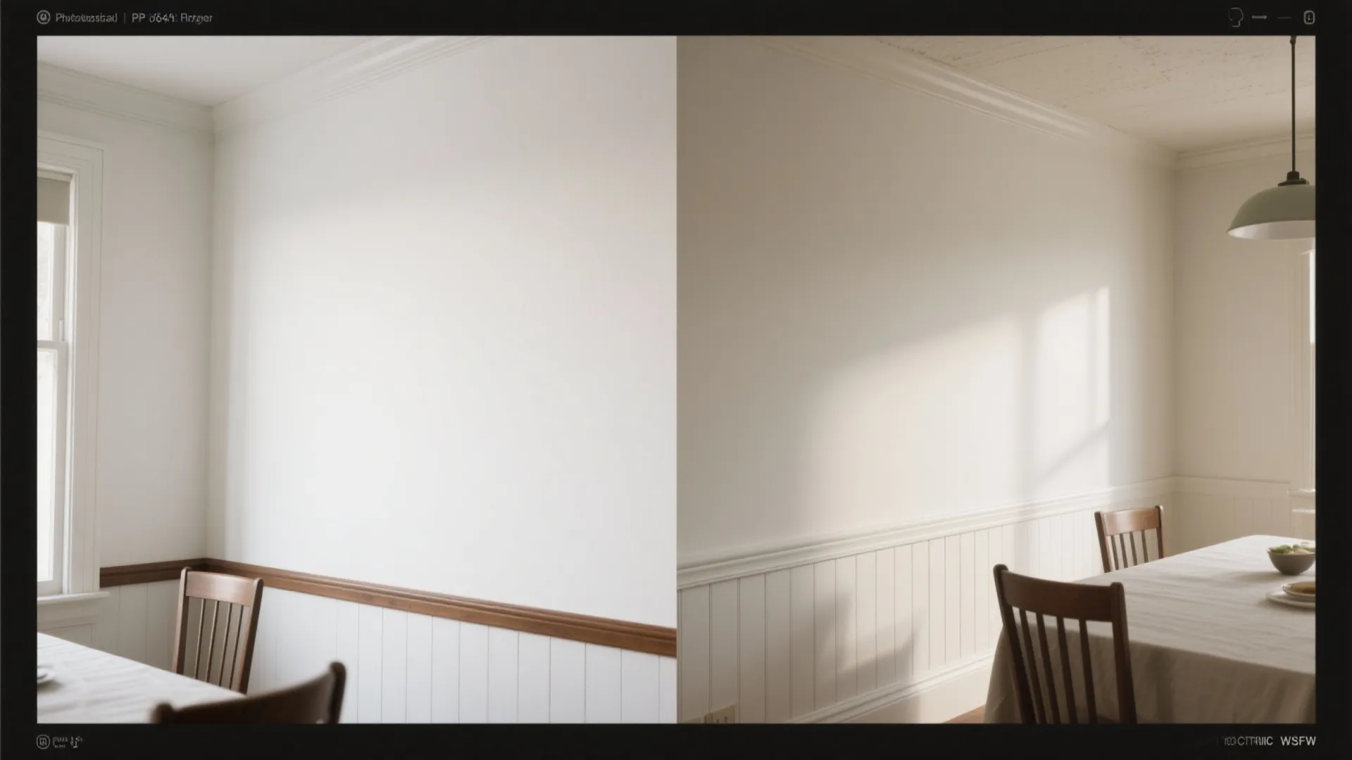 Dining room interior design drawing showing two different styles of white wall panel and furniture