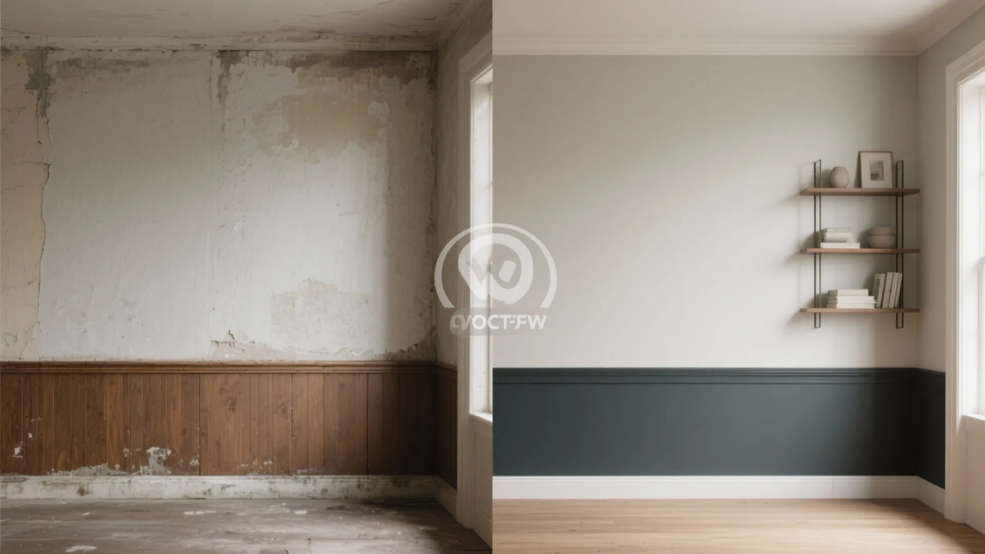 Side-by-side before and after of a two-tone girl's room with a darker durable lower half, lighter upper half, and a wooden chair rail.