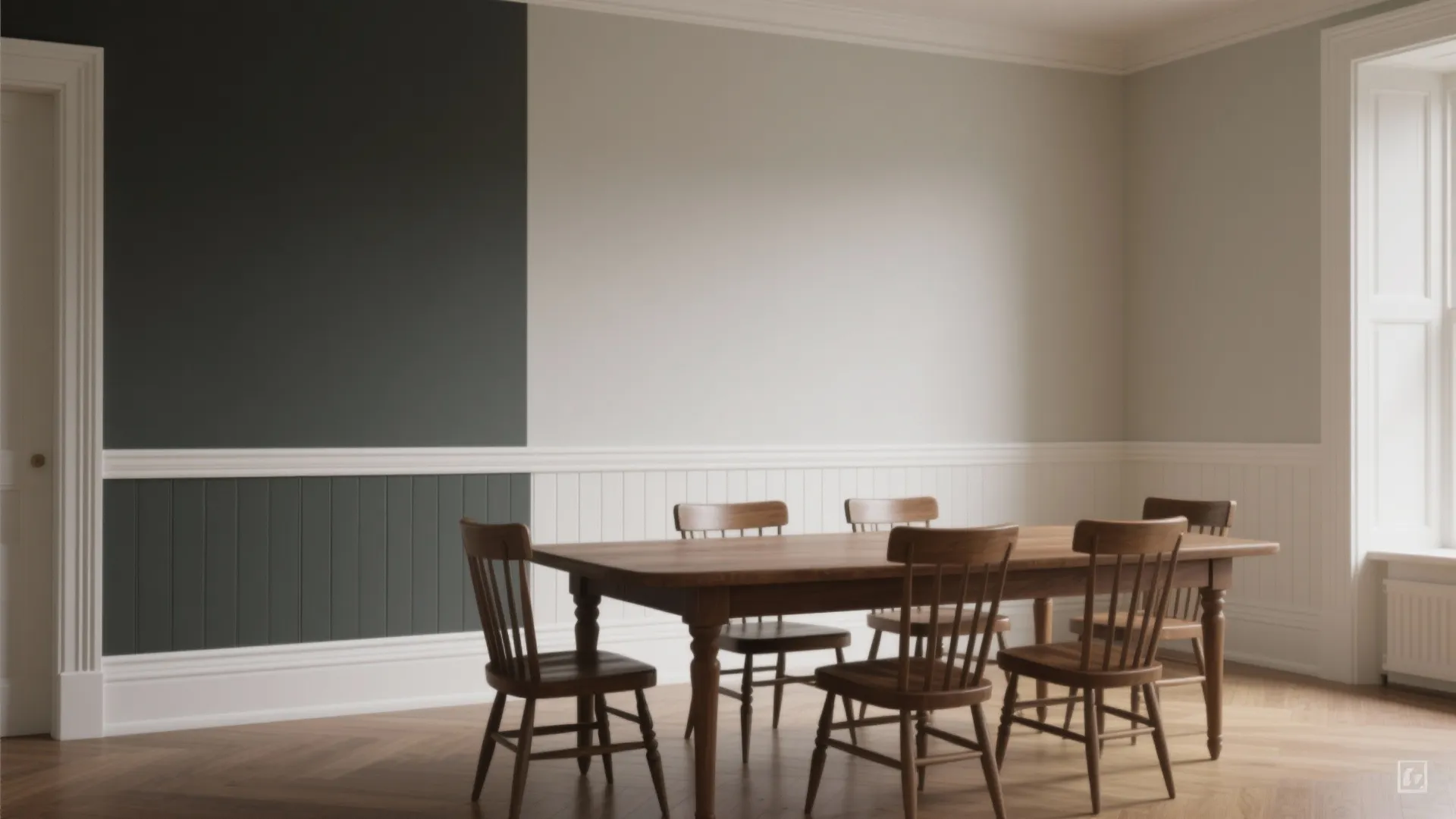 Dining room interior design featuring wooden table and chairs with grey and white wall panel