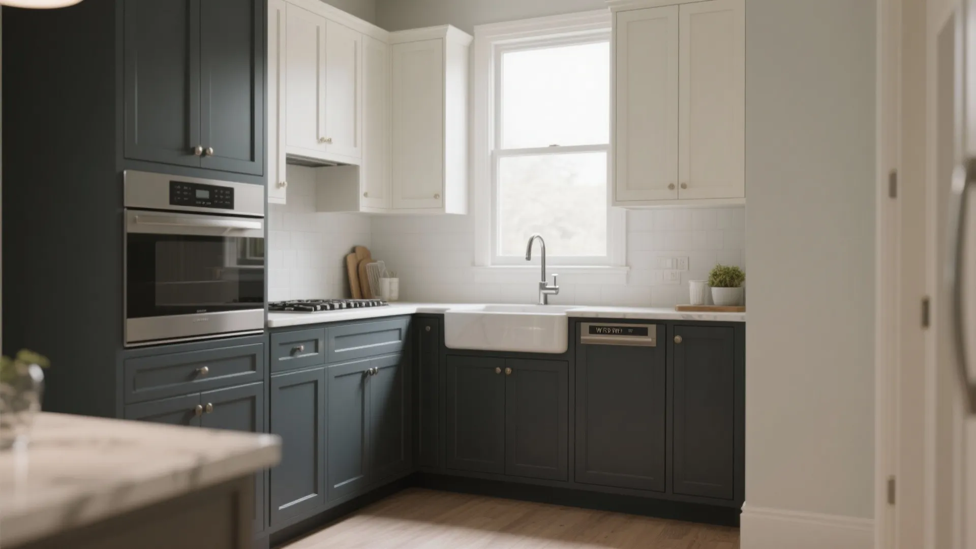 Modern kitchen with dark grey lower cabinets white upper cabinets farmhouse sink window and wood floor