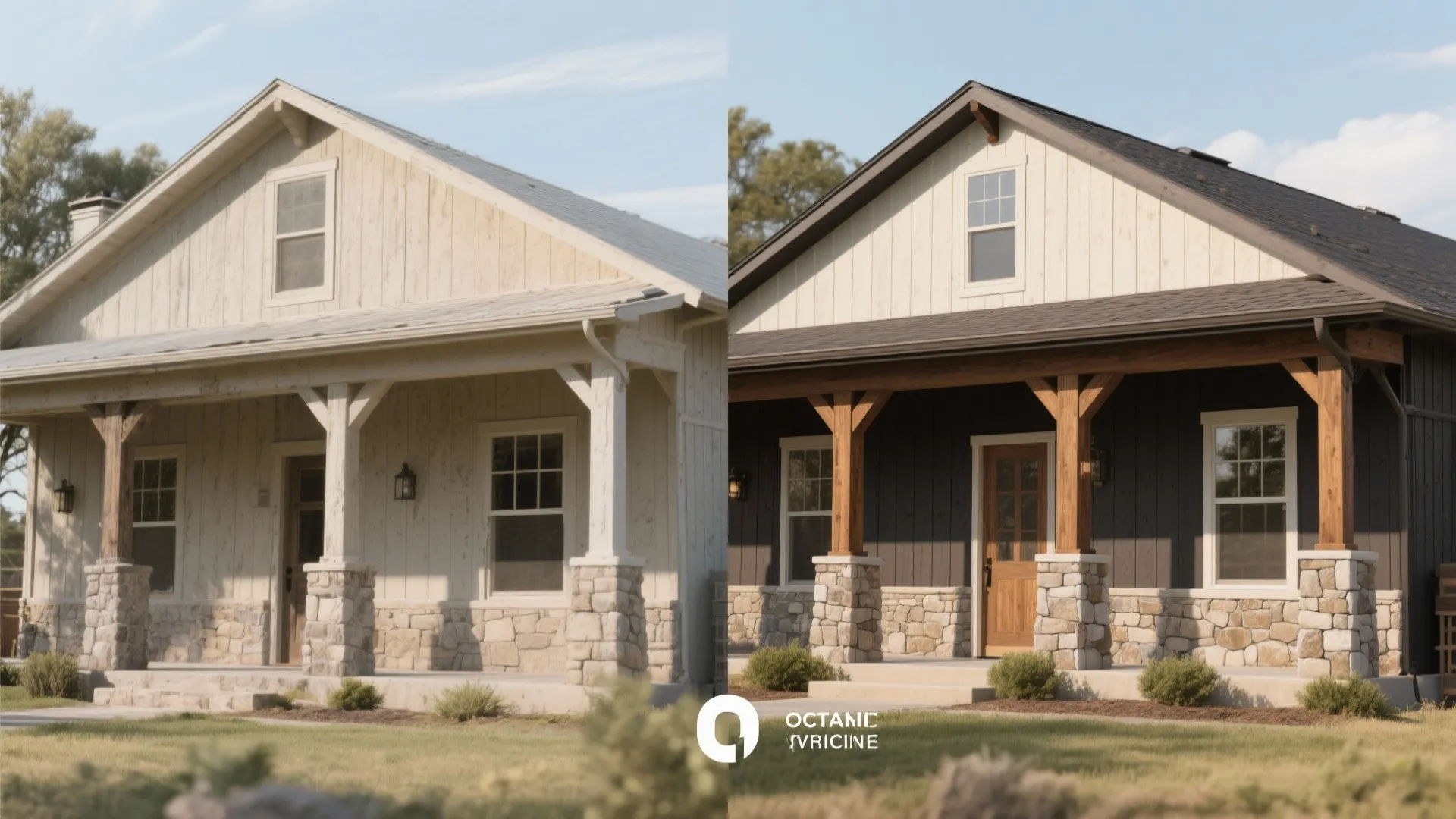 Before and after comparison showing a light colored house exterior versus a dark grey exterior