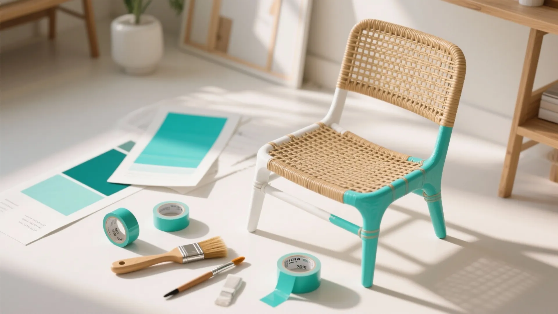 White and turquoise painted rattan with painting tools