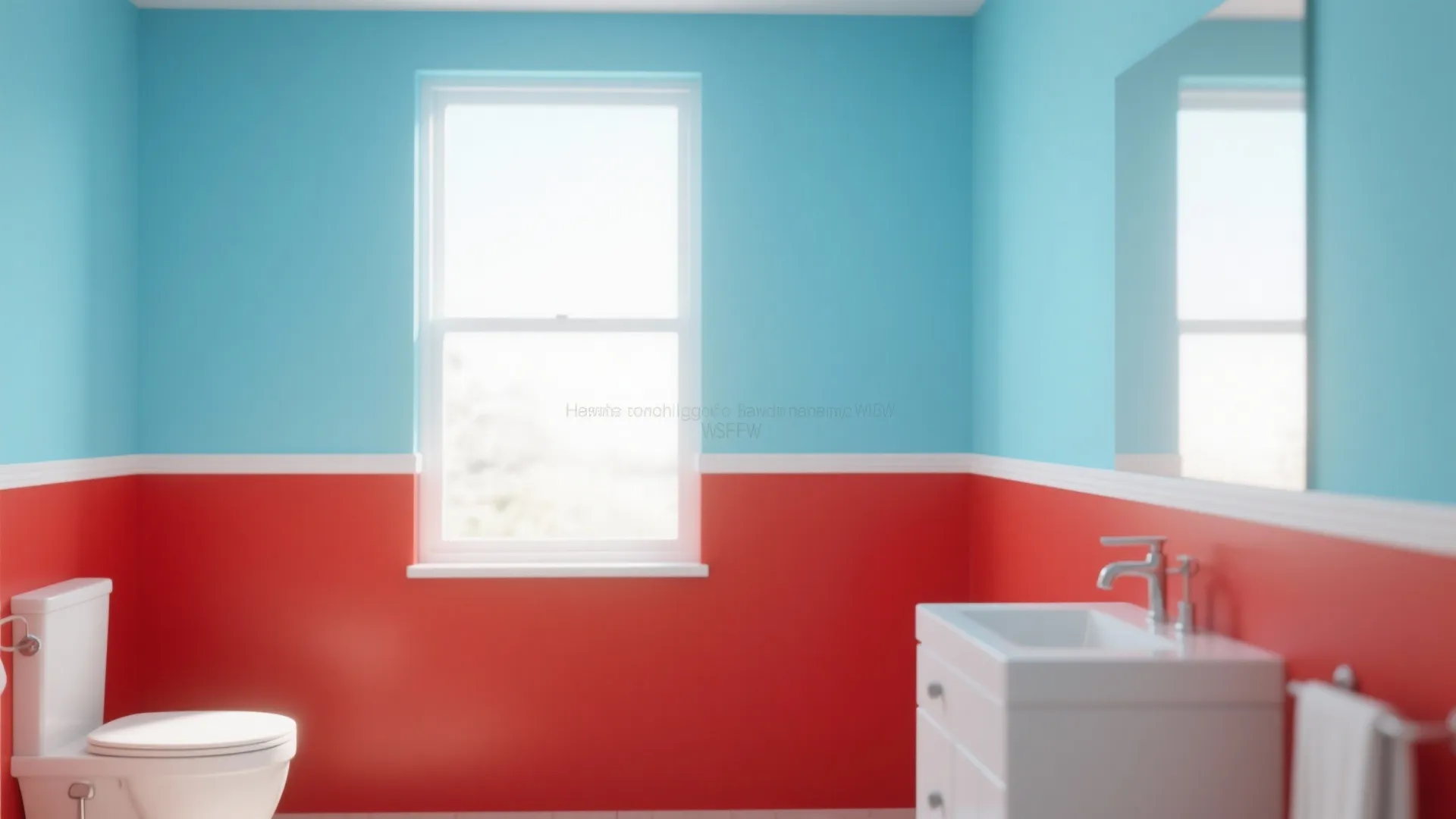 Modern bathroom with blue upper walls red lower walls white toilet and sink with natural light