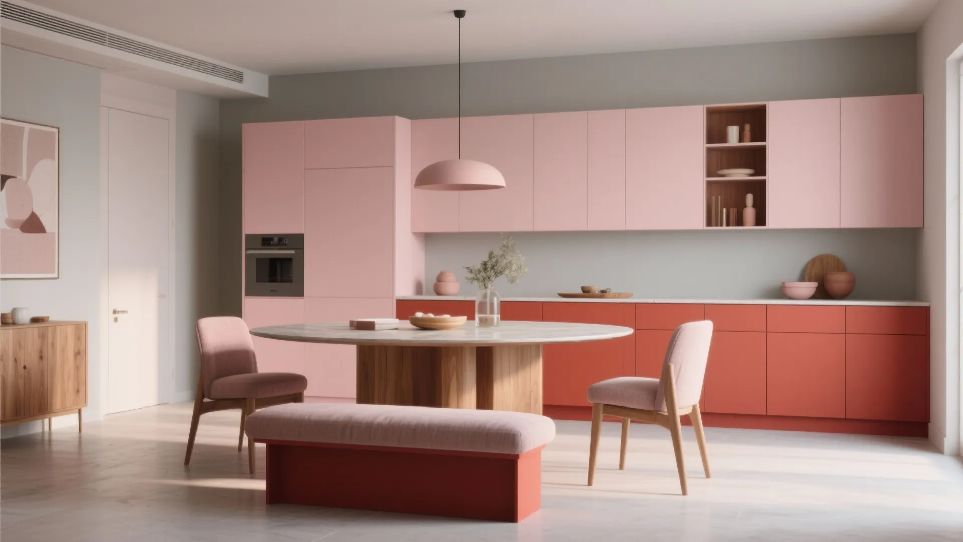 Modern kitchen with pink and red cabinets plus a round wooden table with pink chairs