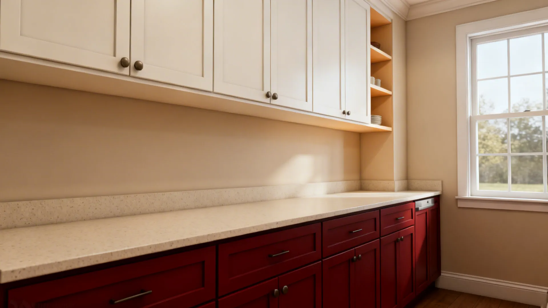 Narrow kitchen with deep red lower cabinets and warm white uppers with open shelves
