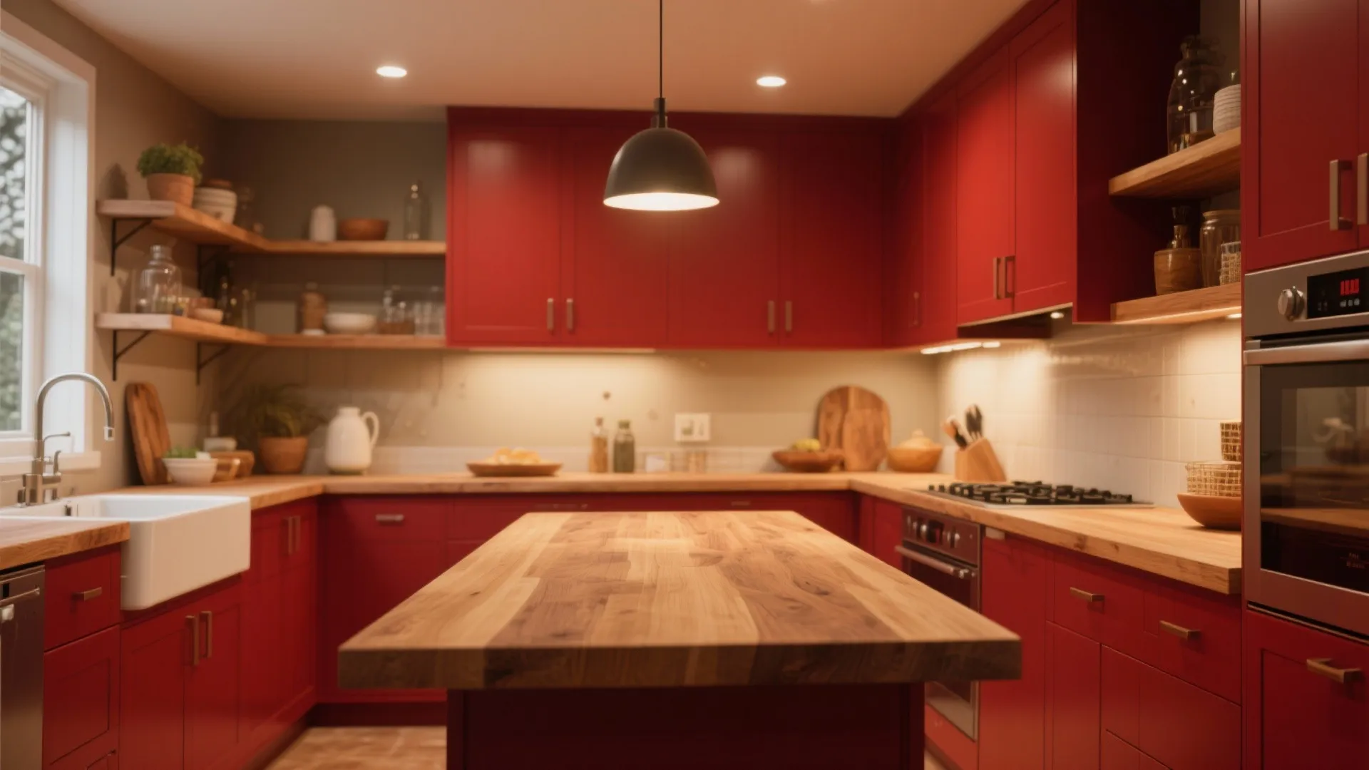 Cozy kitchen featuring red cabinets wooden countertop central island black ceiling light and white wall tiles
