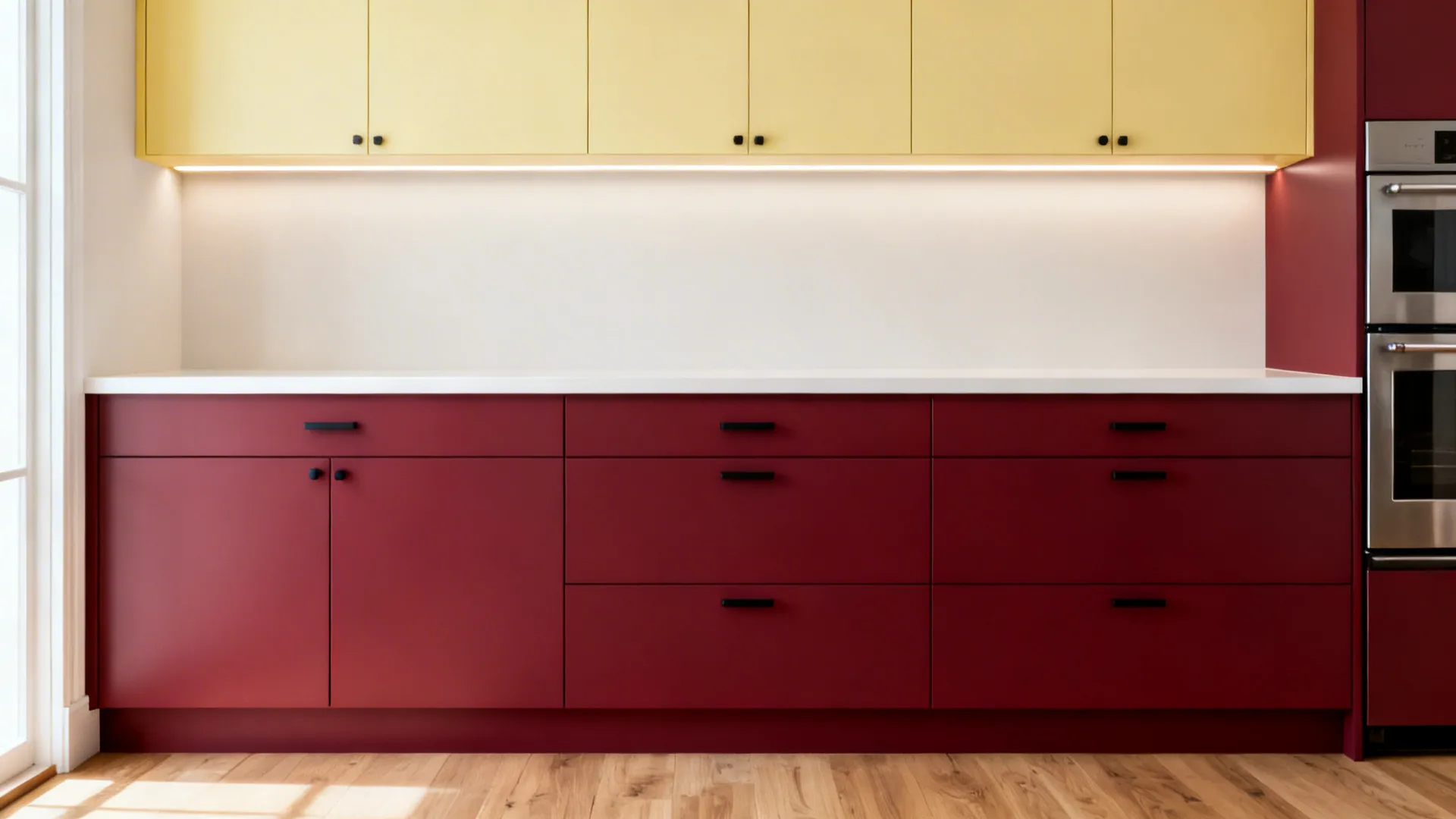Small L-shaped kitchen with red lower cabinets and pale yellow uppers under even LED lighting.