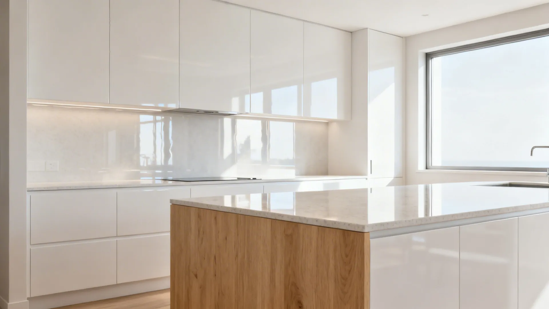 Two-tone small L-shaped kitchen with oak island and glossy reflective backsplash.