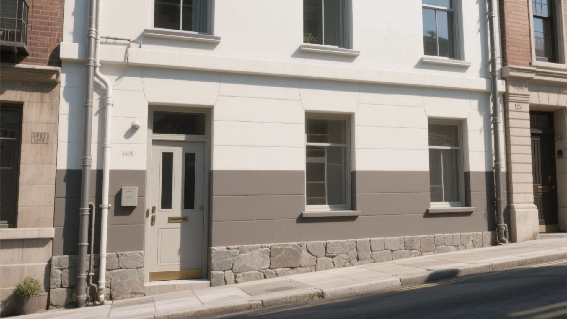 Two tone house exterior with white and grey paint stone wall panel and matching front door