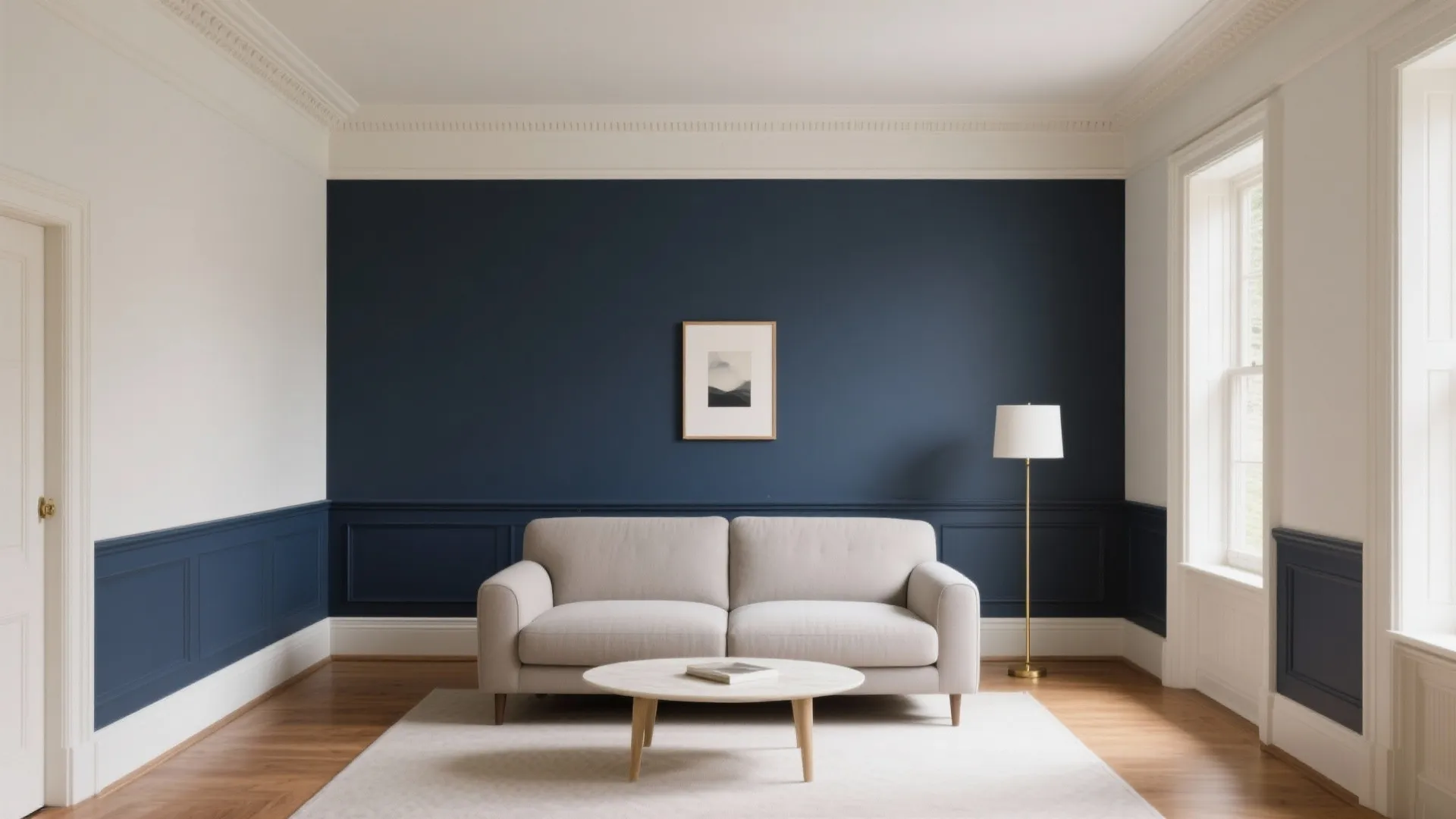 Modern living room with navy blue wall and white wall panel beige sofa floor lamp
