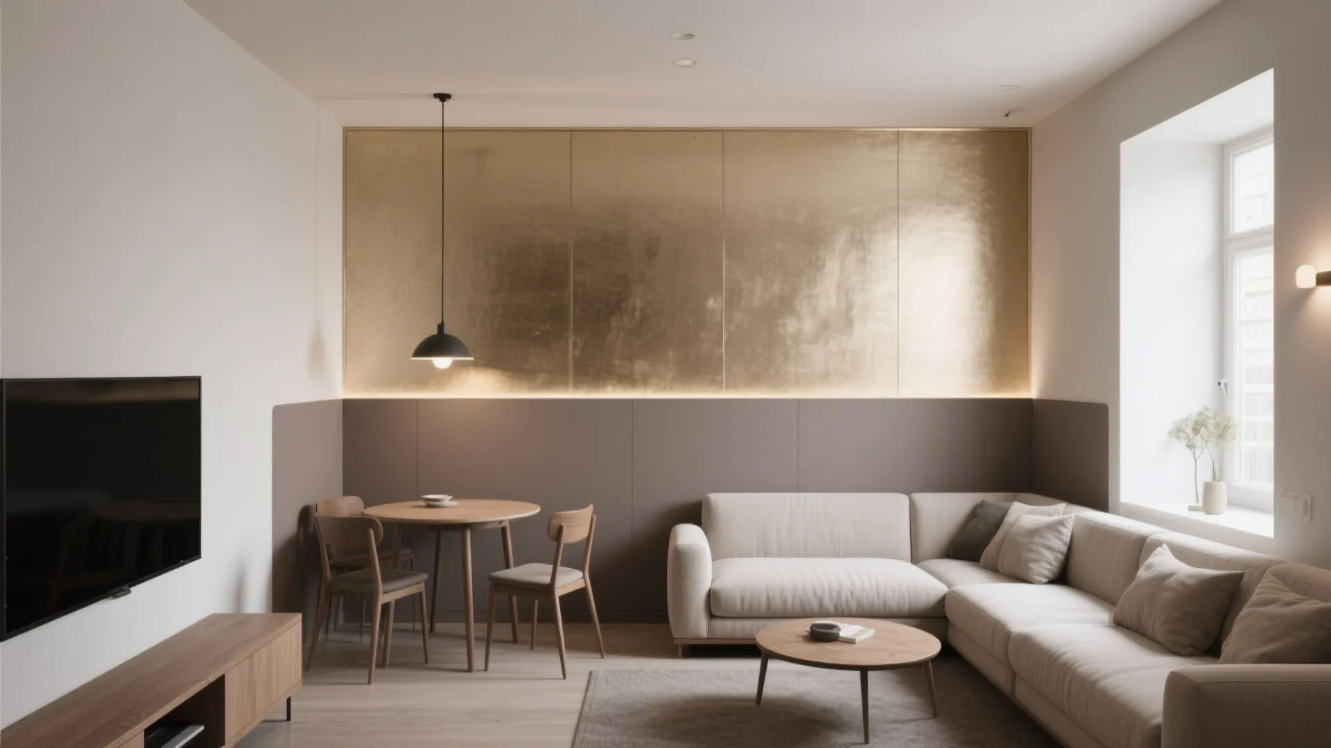 Modern living room with gold wall panel white sofa dining table and wooden coffee table