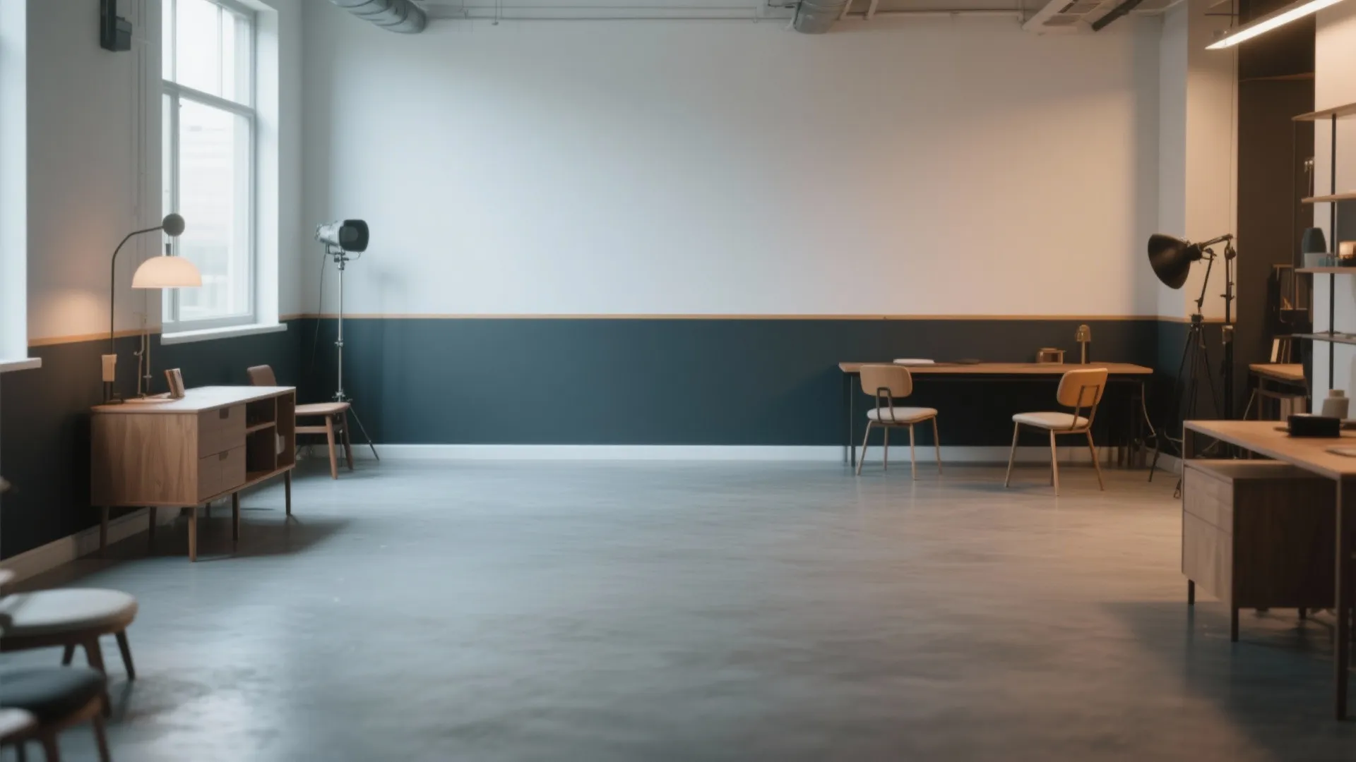 Spacious studio office with two-tone white and dark green walls, wooden furniture, and professional lighting