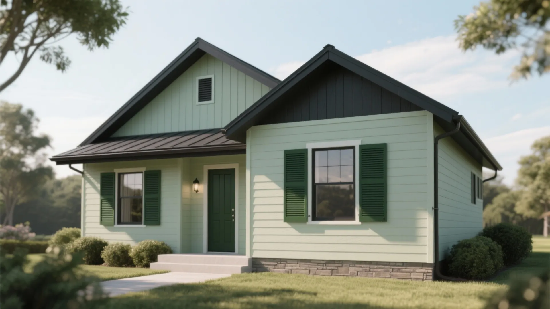 Modern cottage with light sage body and darker green and charcoal accents, showing layered contrast in soft light.