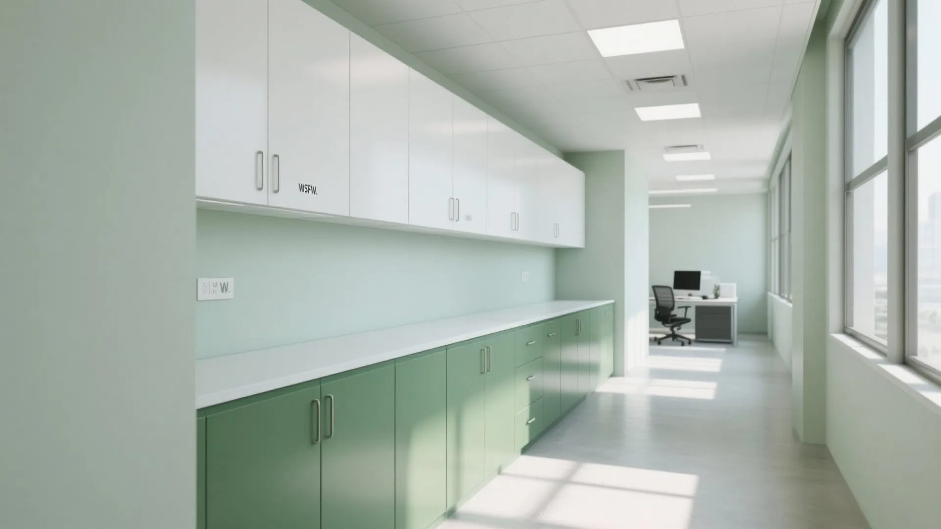 Office hallway featuring white upper cabinets and sage green lower cabinets with long white countertop