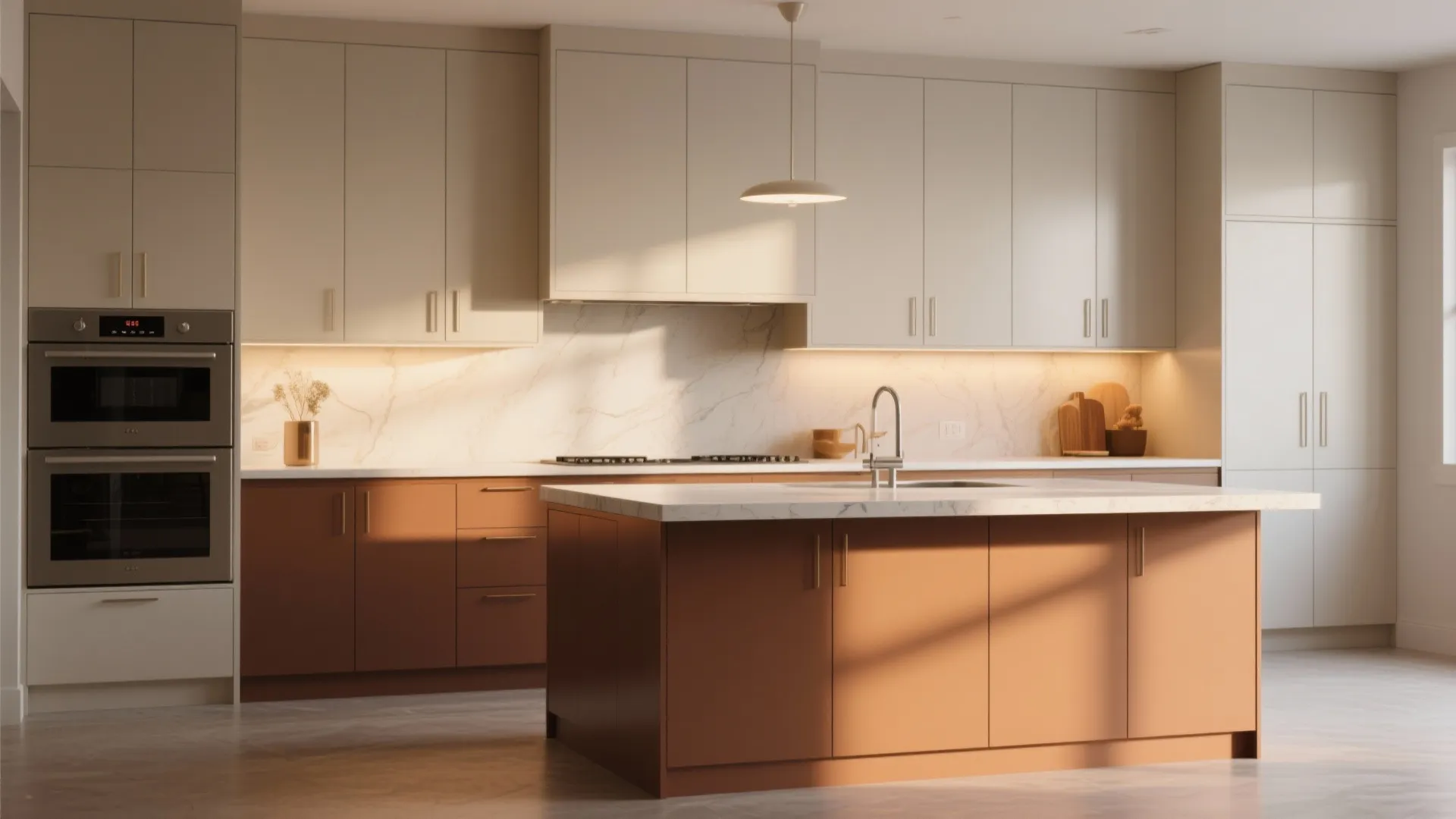 2. Two-tone satin cabinets for depth