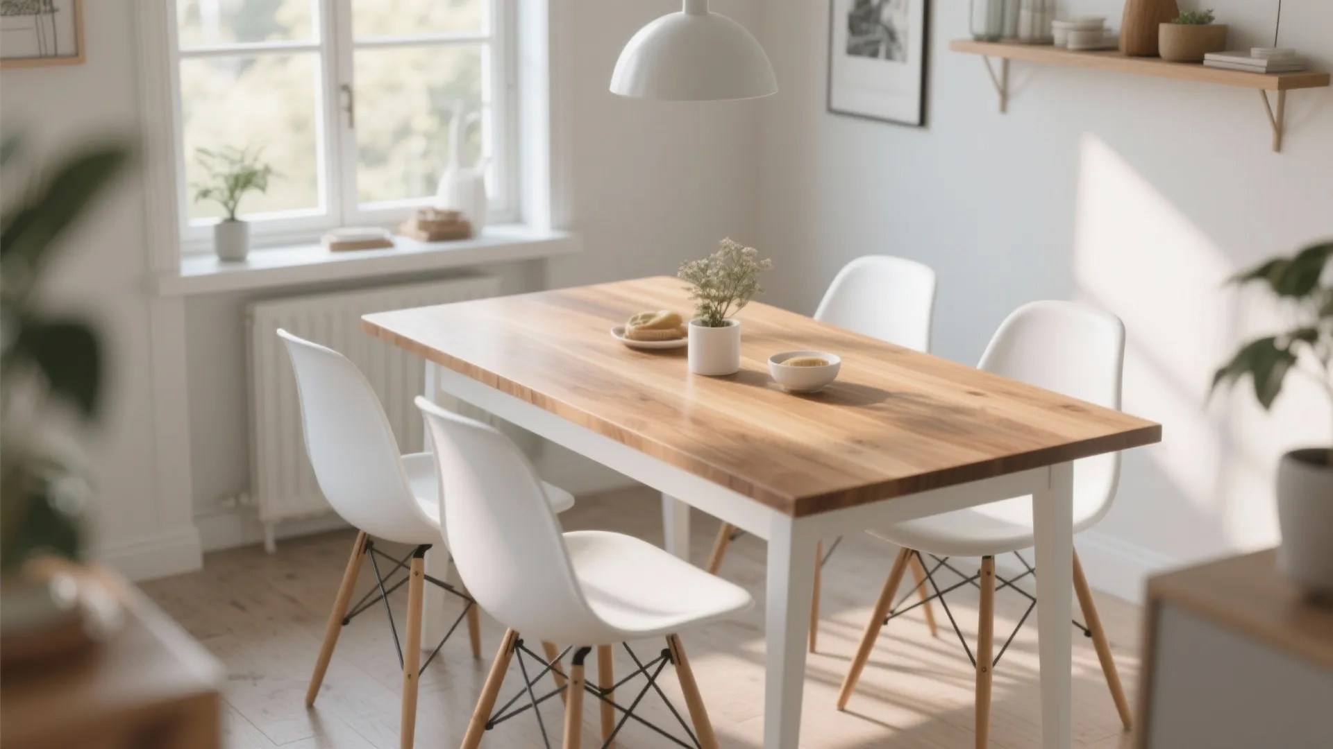 Scandinavian dining space with oak top and white leg table