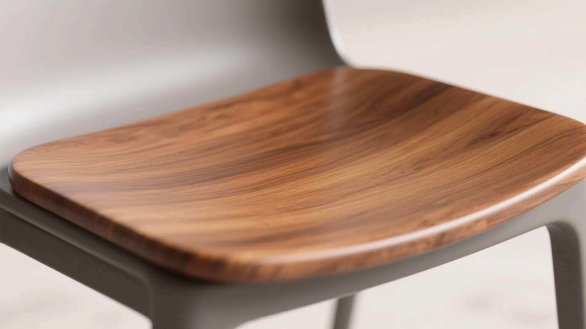 Close-up of a warm wood-stained seat contrasted with a matte painted chair frame showing texture and finish differences.
