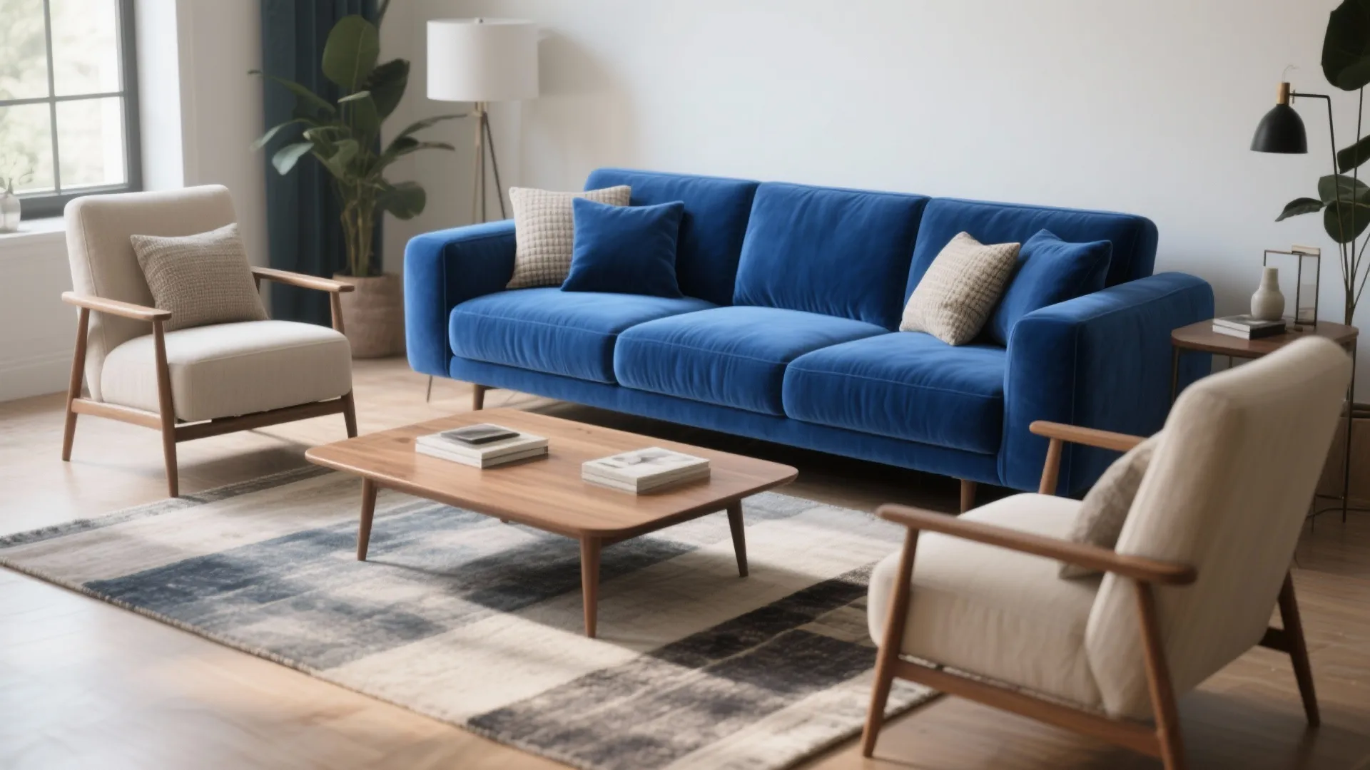 Saturated blue velvet sofa paired with neutral linen armchairs in a balanced living room.