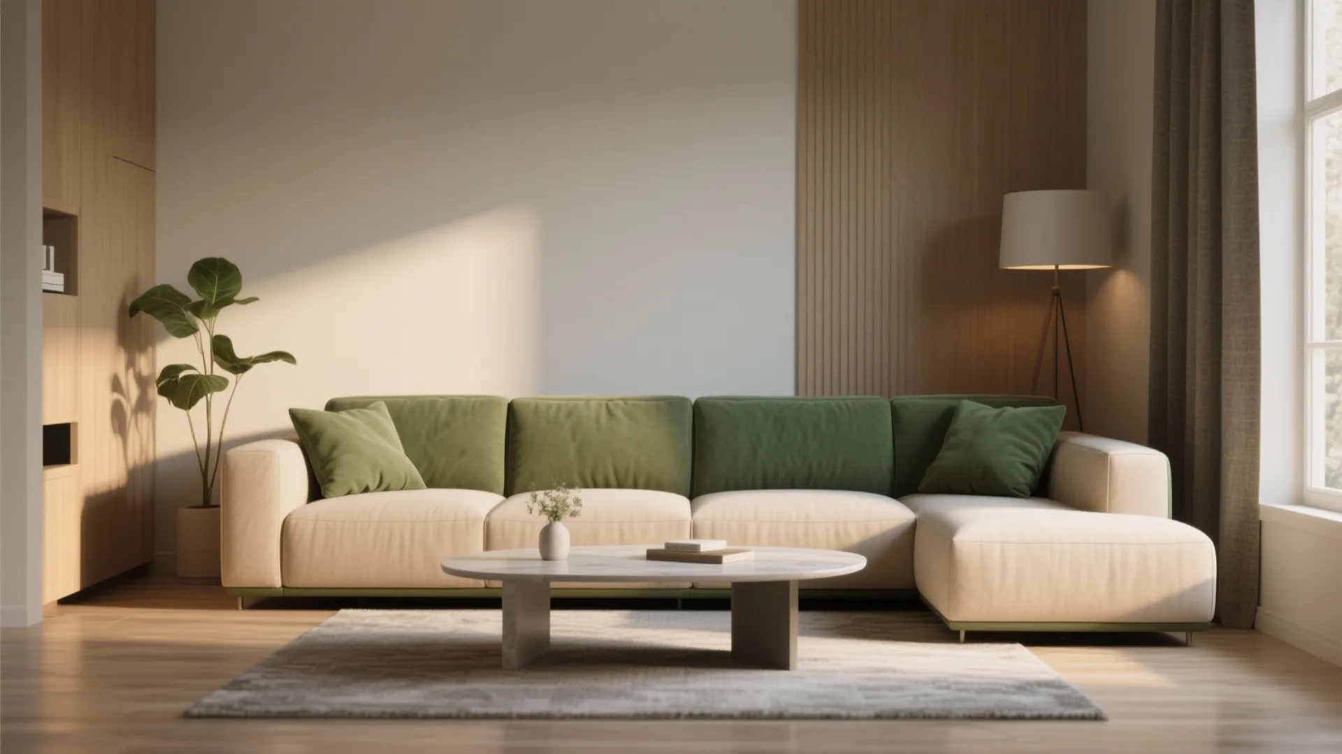 Modern cream and green sofa with coffee table wall panel floor lamp and potted plant