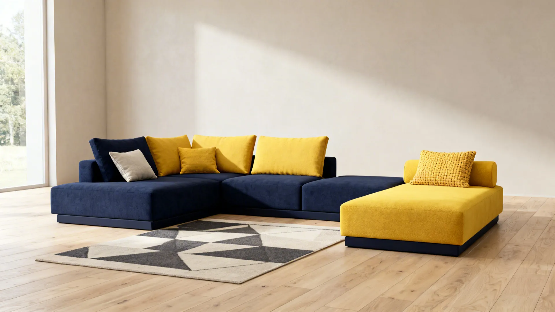 4. Two-Tone Furniture: Blue Base, Yellow Accents