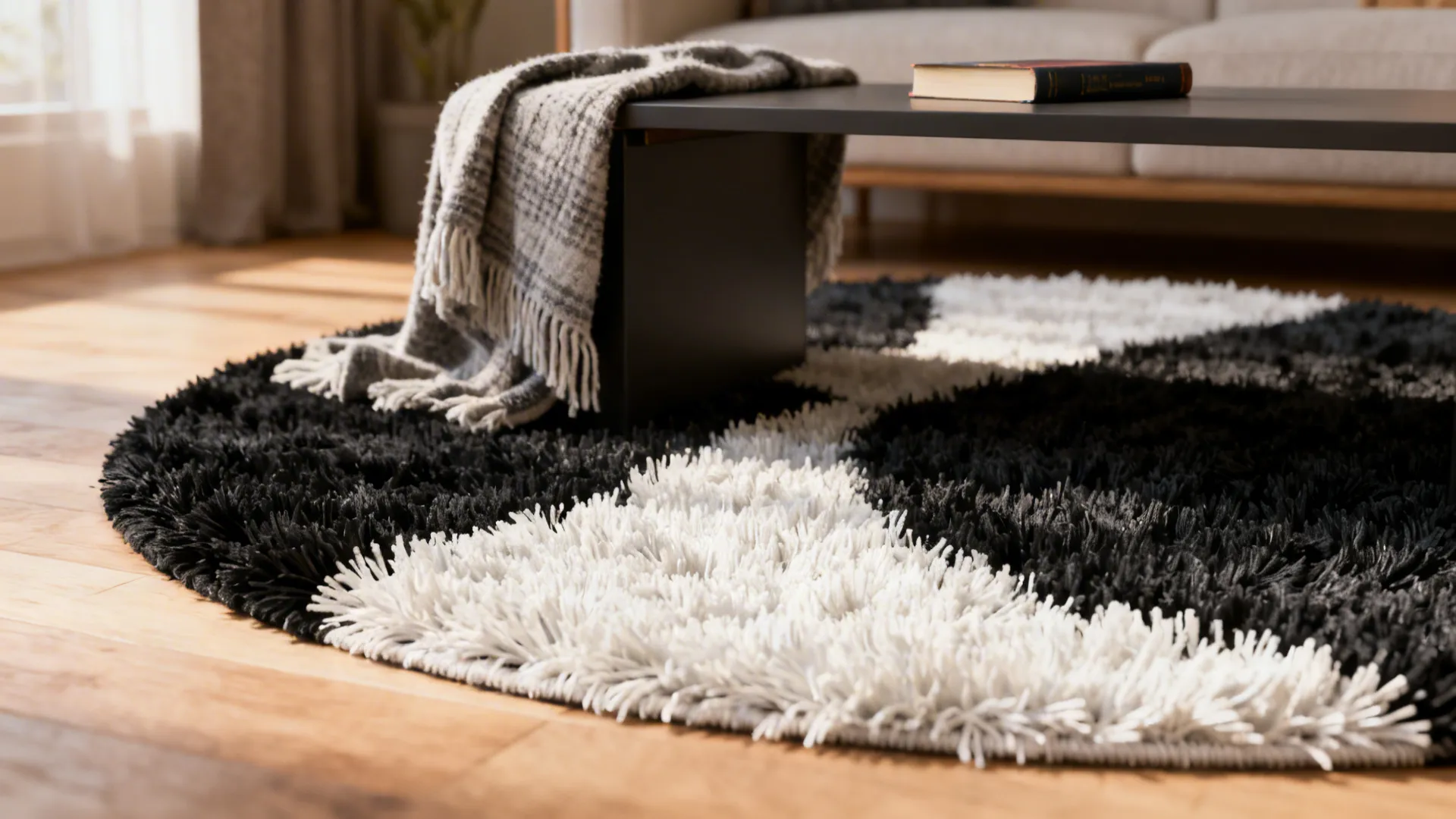 Round two-toned black-and-white shag rug under a coffee table in a cozy reading nook.