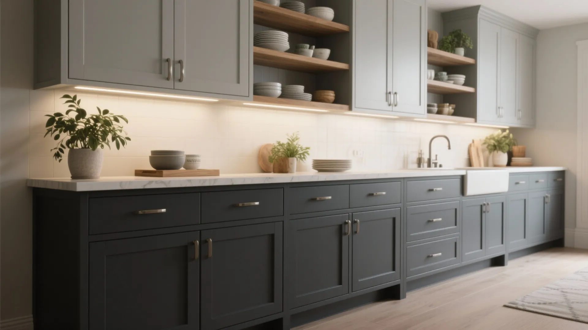 Two-tone gray shaker cabinets with under-cabinet lighting and open shelving