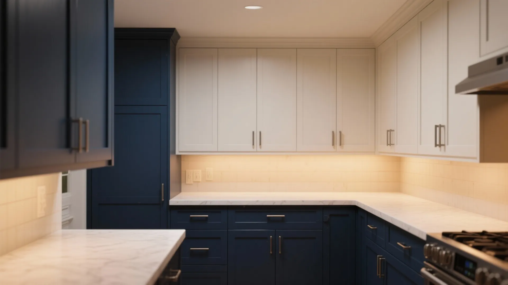 Modern kitchen with white upper cabinets blue lower cabinets marble countertops and warm under cabinet lighting