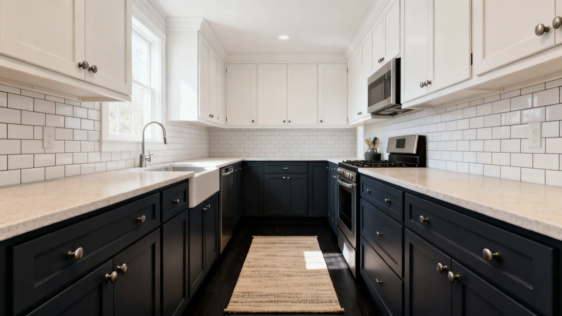 Narrow galley with soft-white uppers and navy or charcoal Shaker base cabinets under soft daylight.