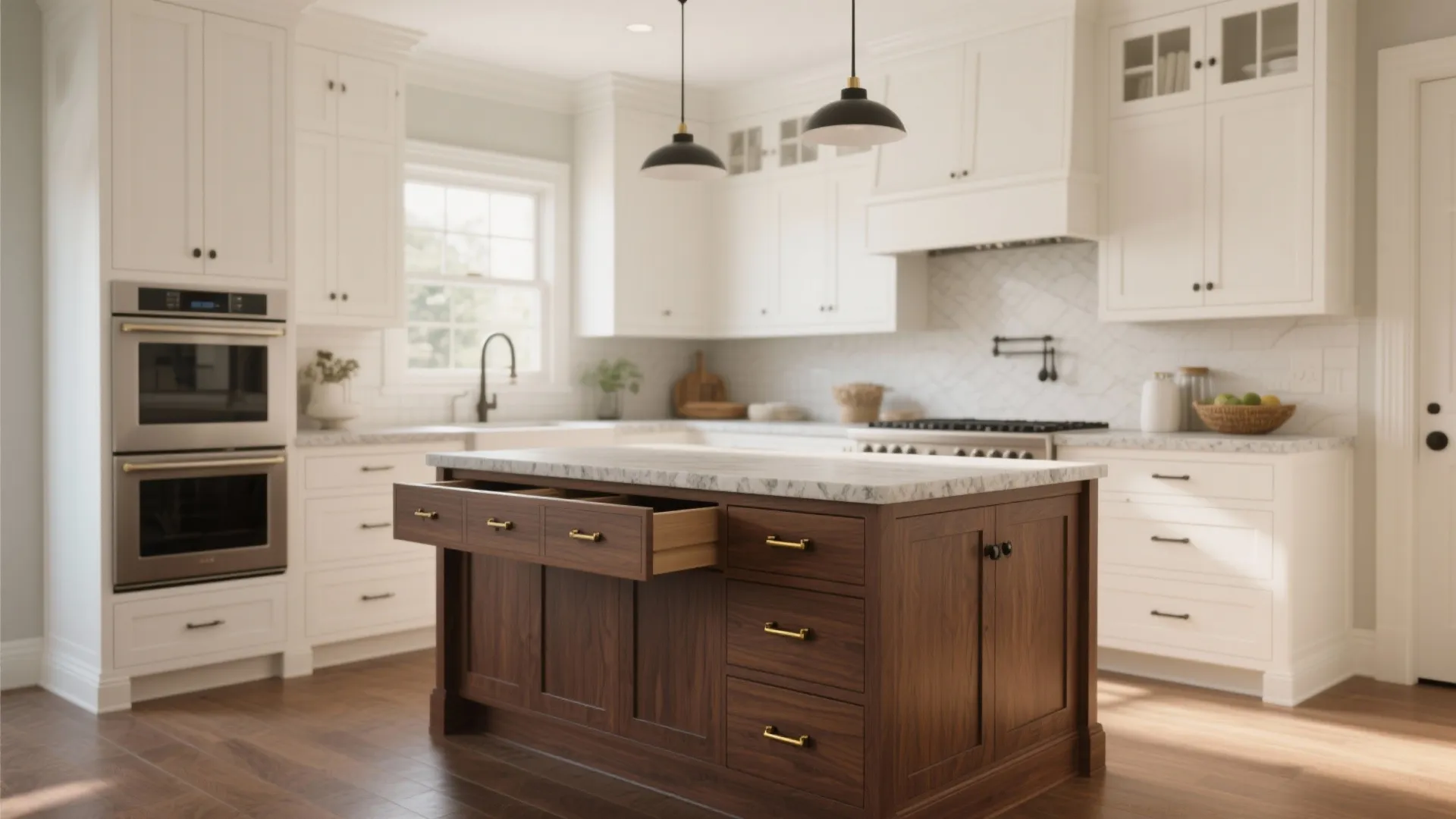 Classic-modern two-tone shaker kitchen with white perimeter cabinets and walnut island.