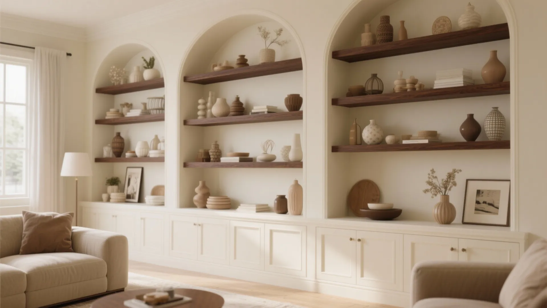 Living room with built-in arched wall shelves holding vases books and decorative items with sofa