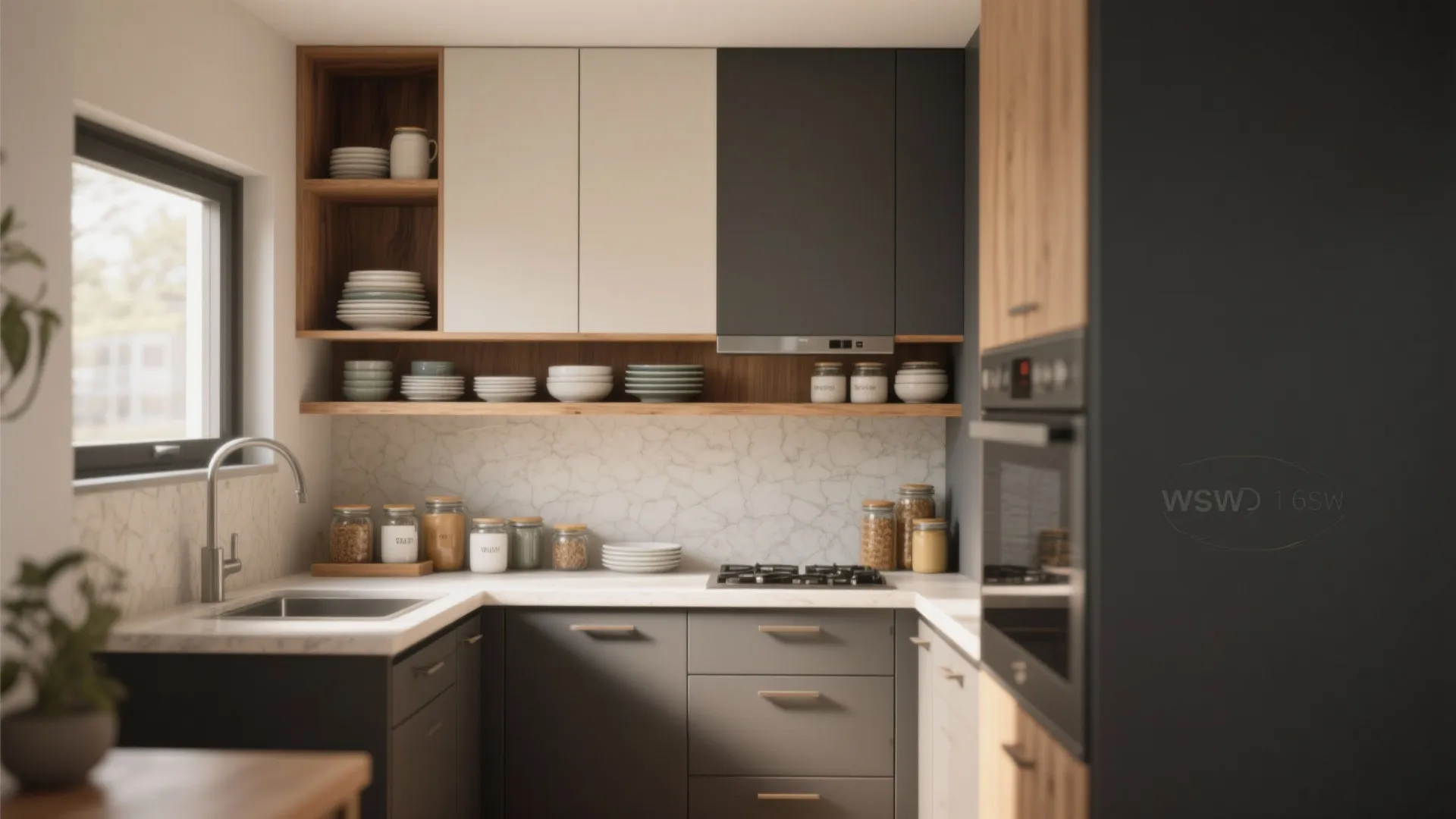 Mix open shelving with two-tone cabinets