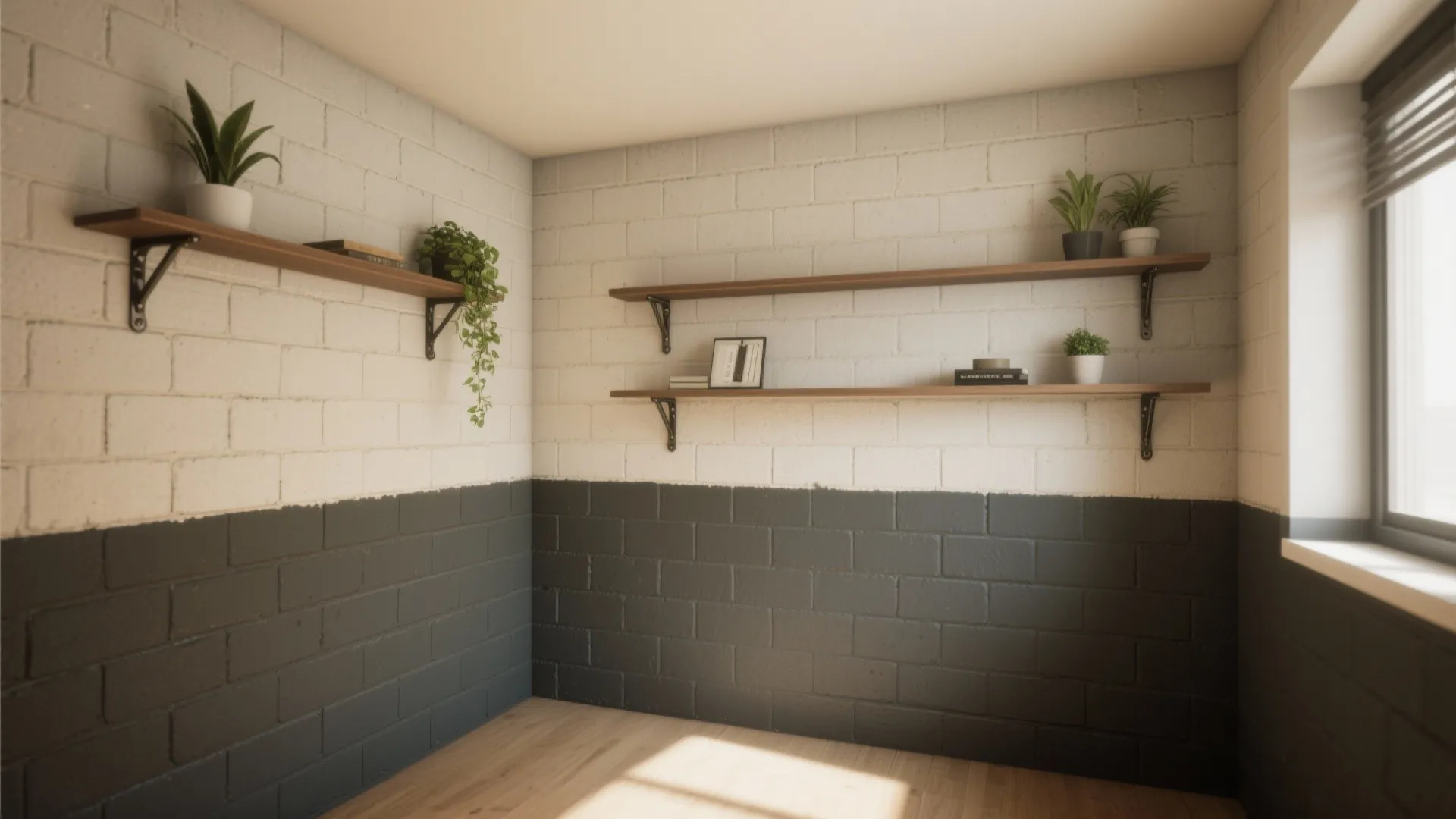 Modern interior with white and grey brick wall, wooden shelves, small plants, and natural sunlight