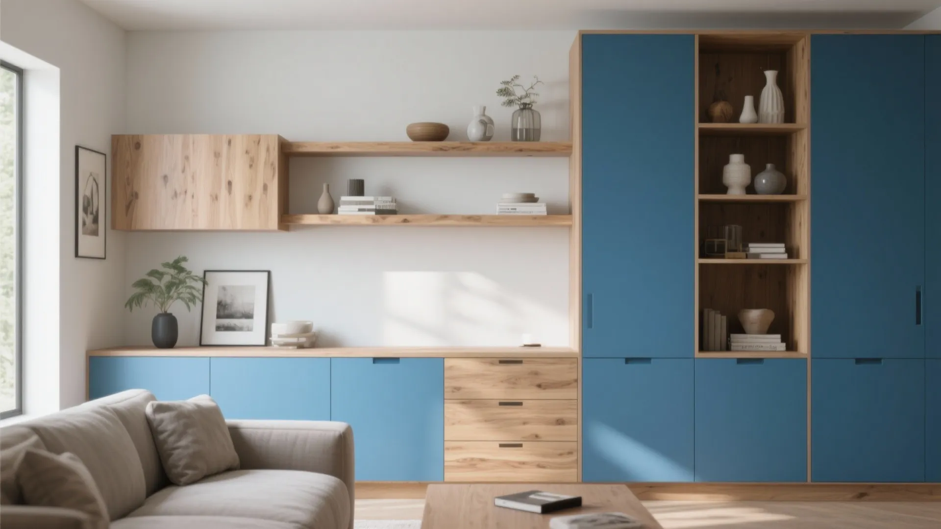 4. Two-Tone Shelving and Floating Cabinets