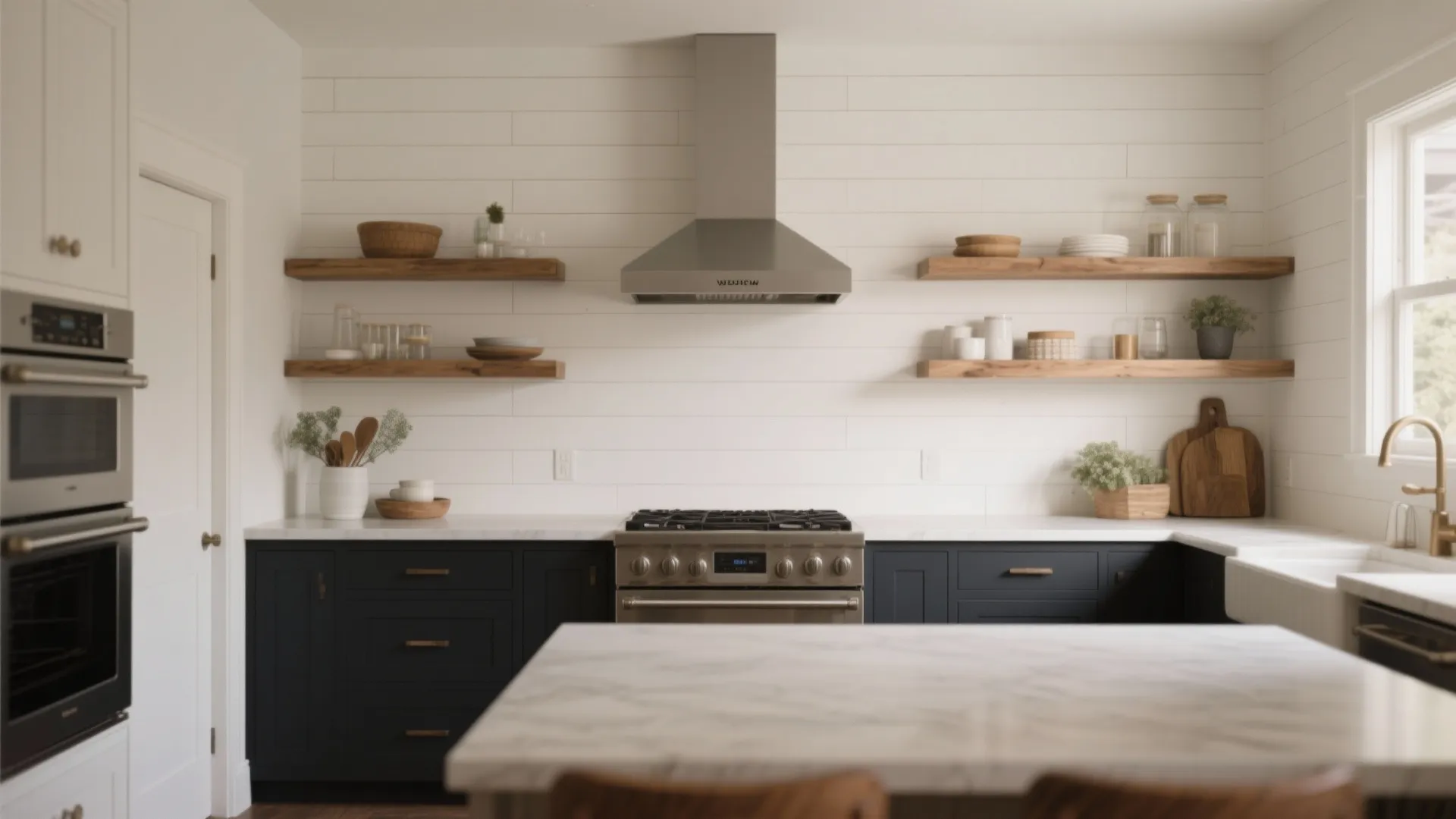 Kitchen with two-tone shiplap walls in white and charcoal