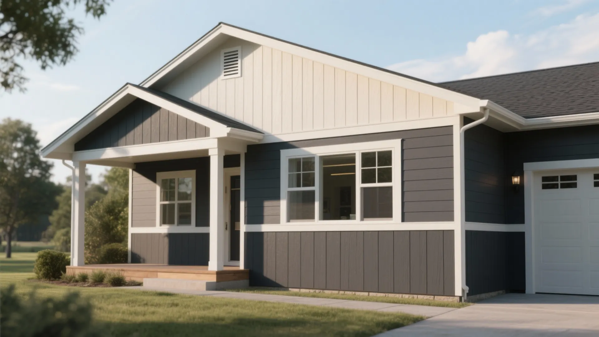 Ranch house with two-tone siding: darker lower band and lighter upper field with crisp trim lines.