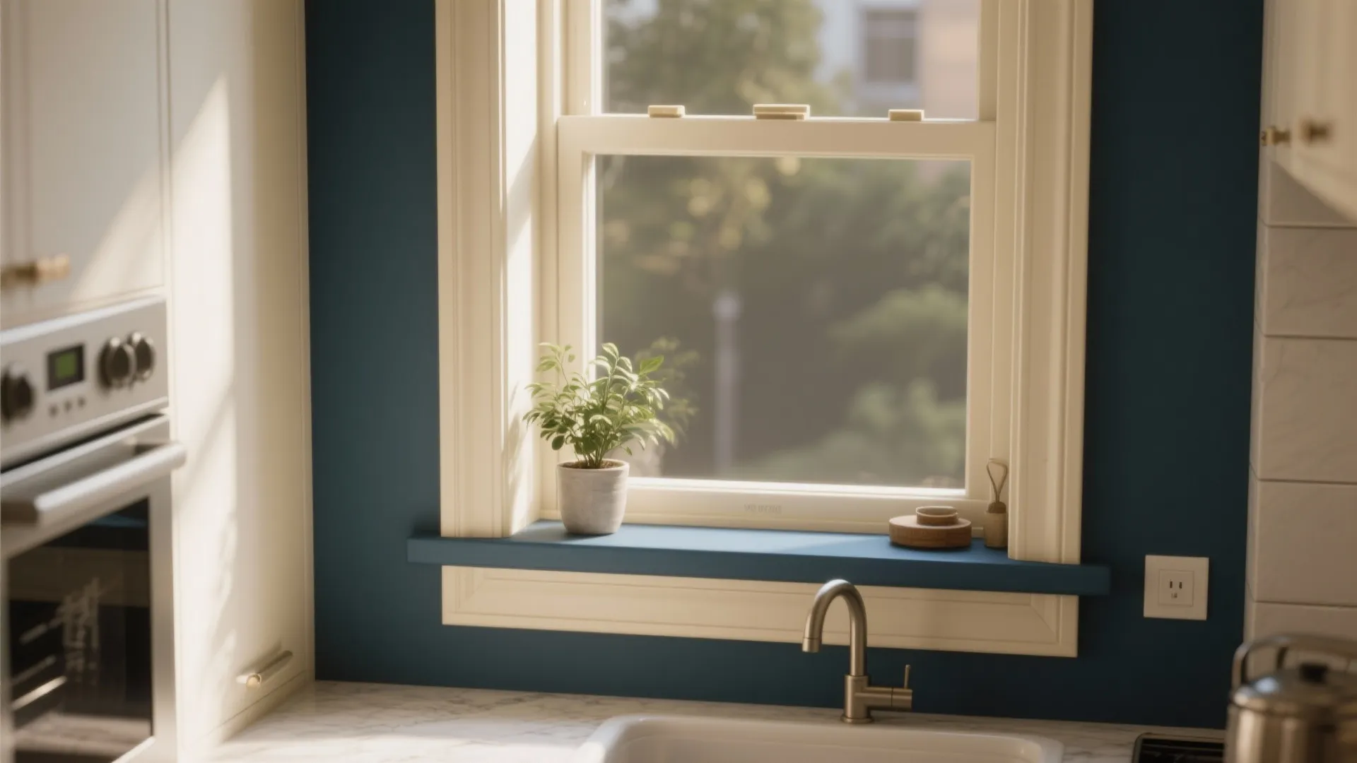 Modern kitchen window with blue ledge featuring small green plant above white sink and faucet