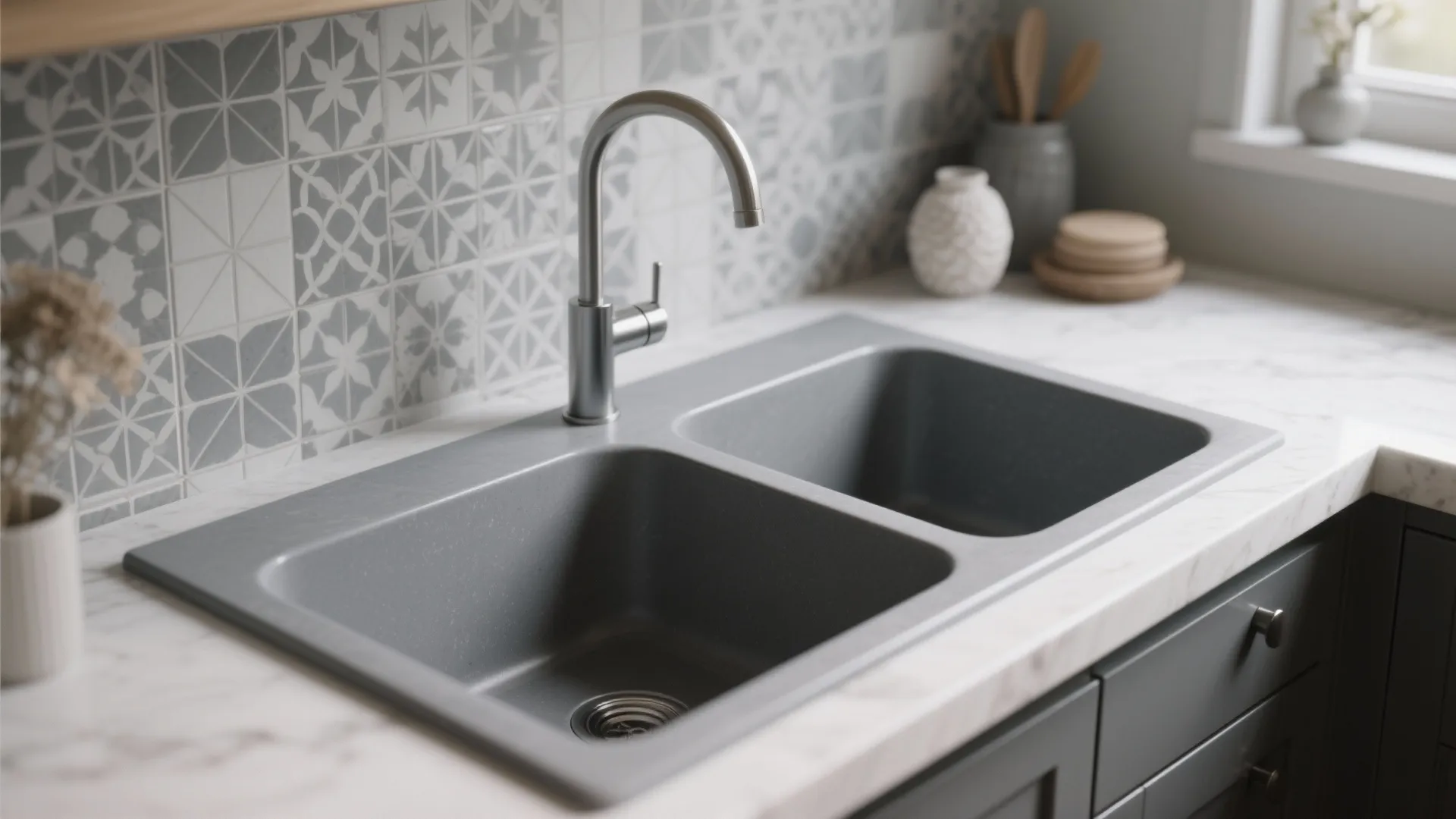 Double bowl grey kitchen sink on white marble countertop with patterned wall tiles and faucet
