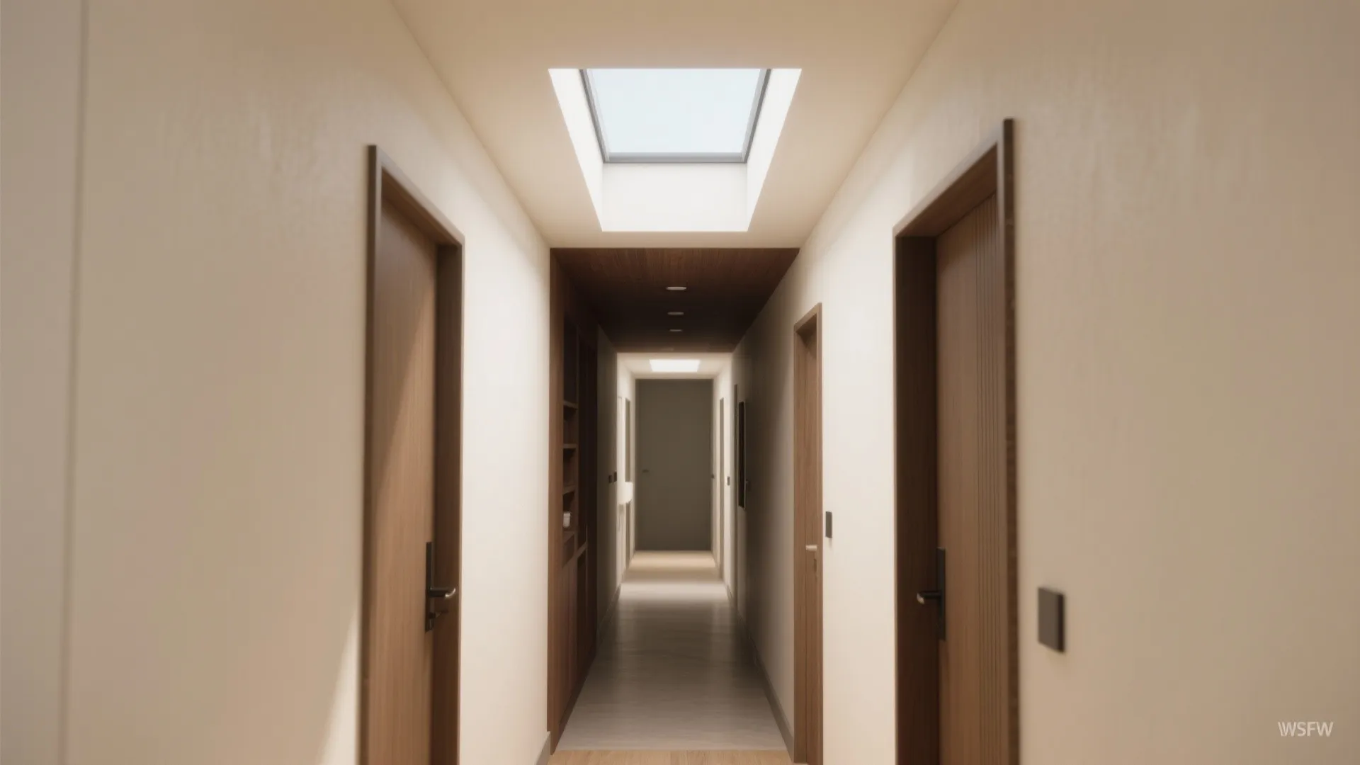 Long hallway with wooden doors and a square roof window bringing natural light into the space