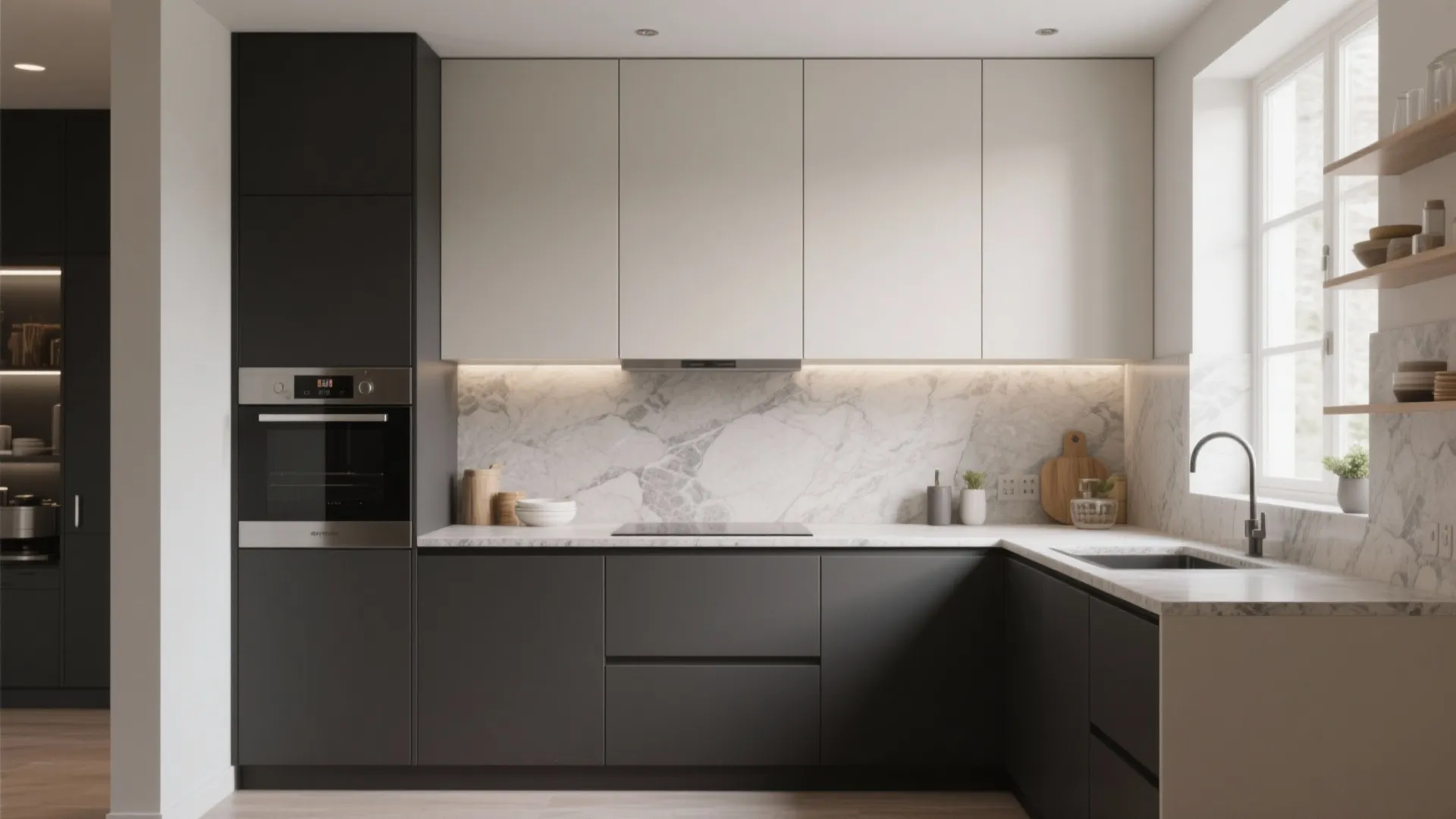 Minimalist two-tone kitchen with charcoal lower cabinets white upper cabinets marble backsplash and large sink area