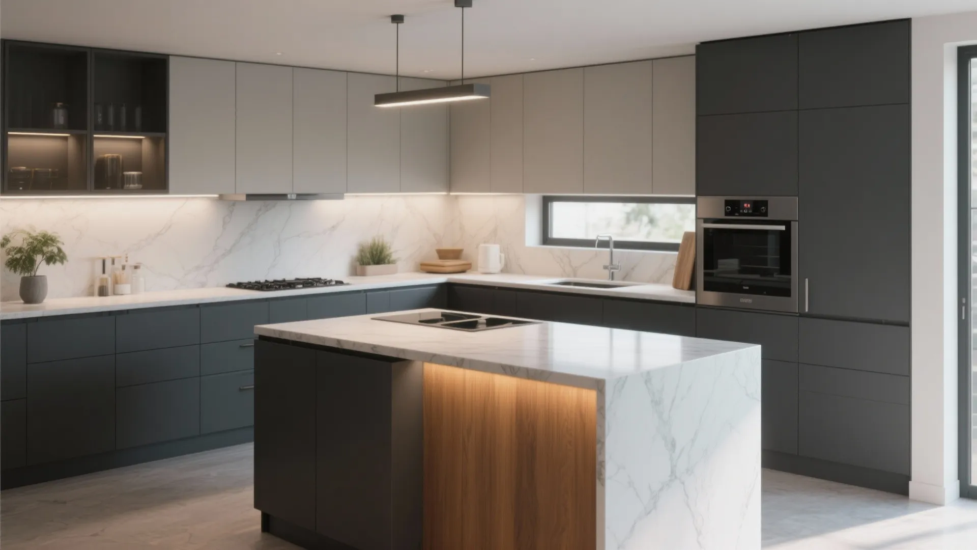 Kitchen with slate grey lower cabinets and lighter upper cabinets creating visual depth.